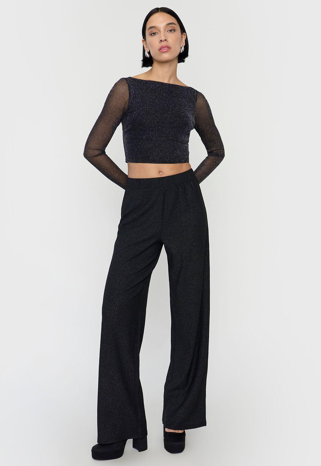 Calza Mujer Brillos Negro Corona-0