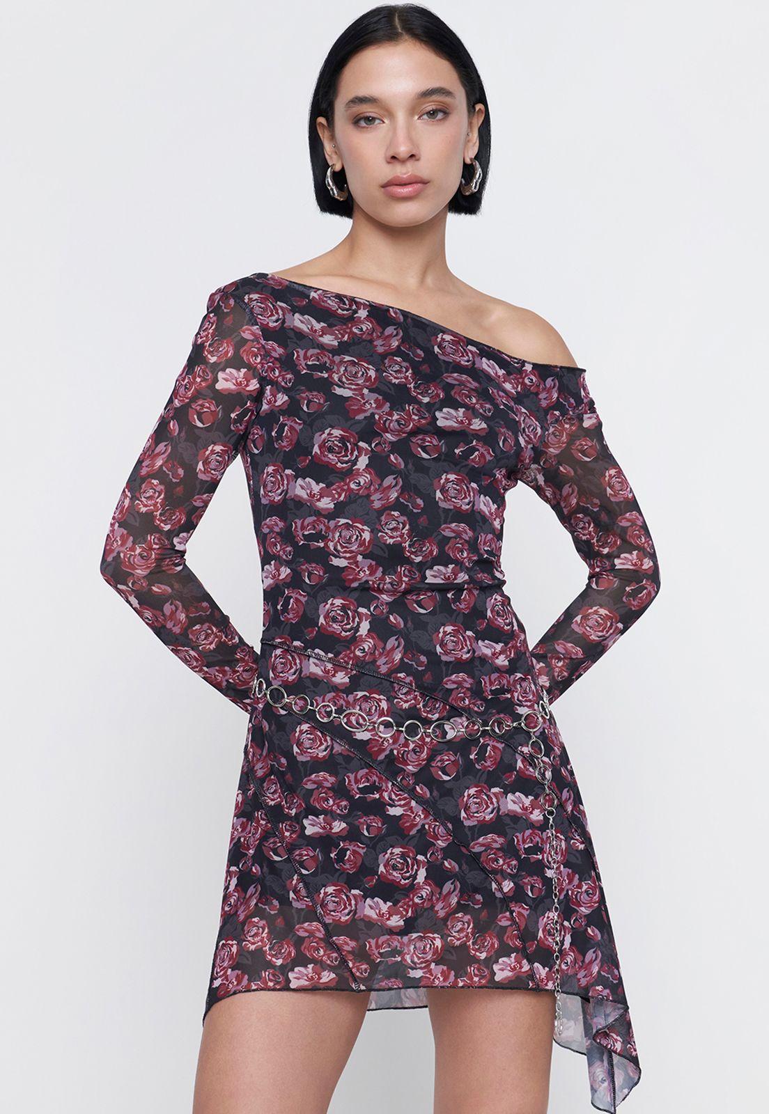 Vestido Mujer M/L Largo Malla Print Flor Negro Corona-0