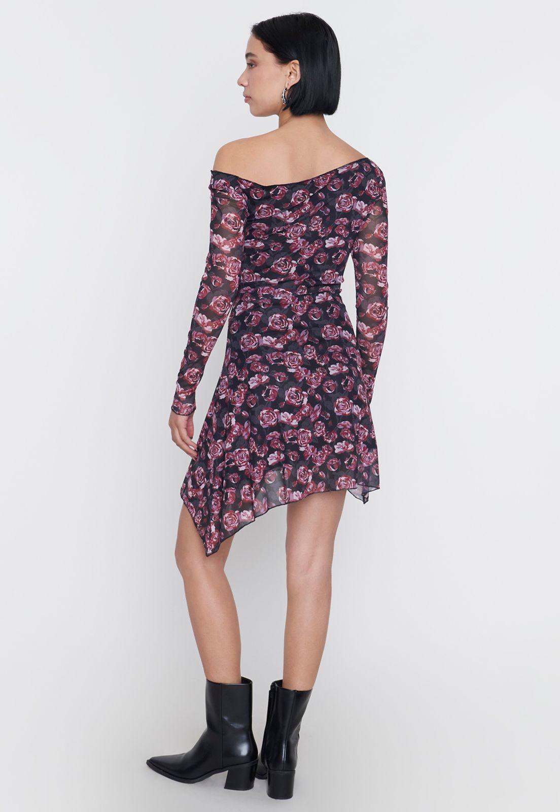Vestido Mujer M/L Largo Malla Print Flor Negro Corona-1