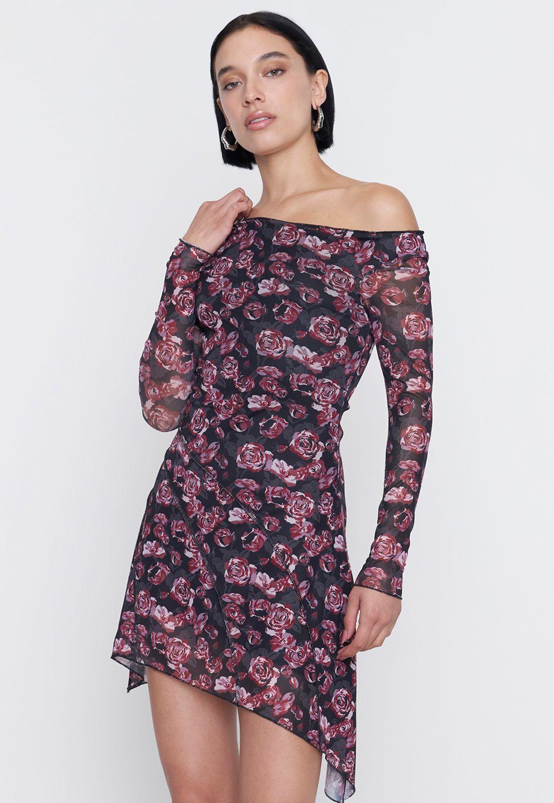 Vestido Mujer M/L Largo Malla Print Flor Negro Corona-2