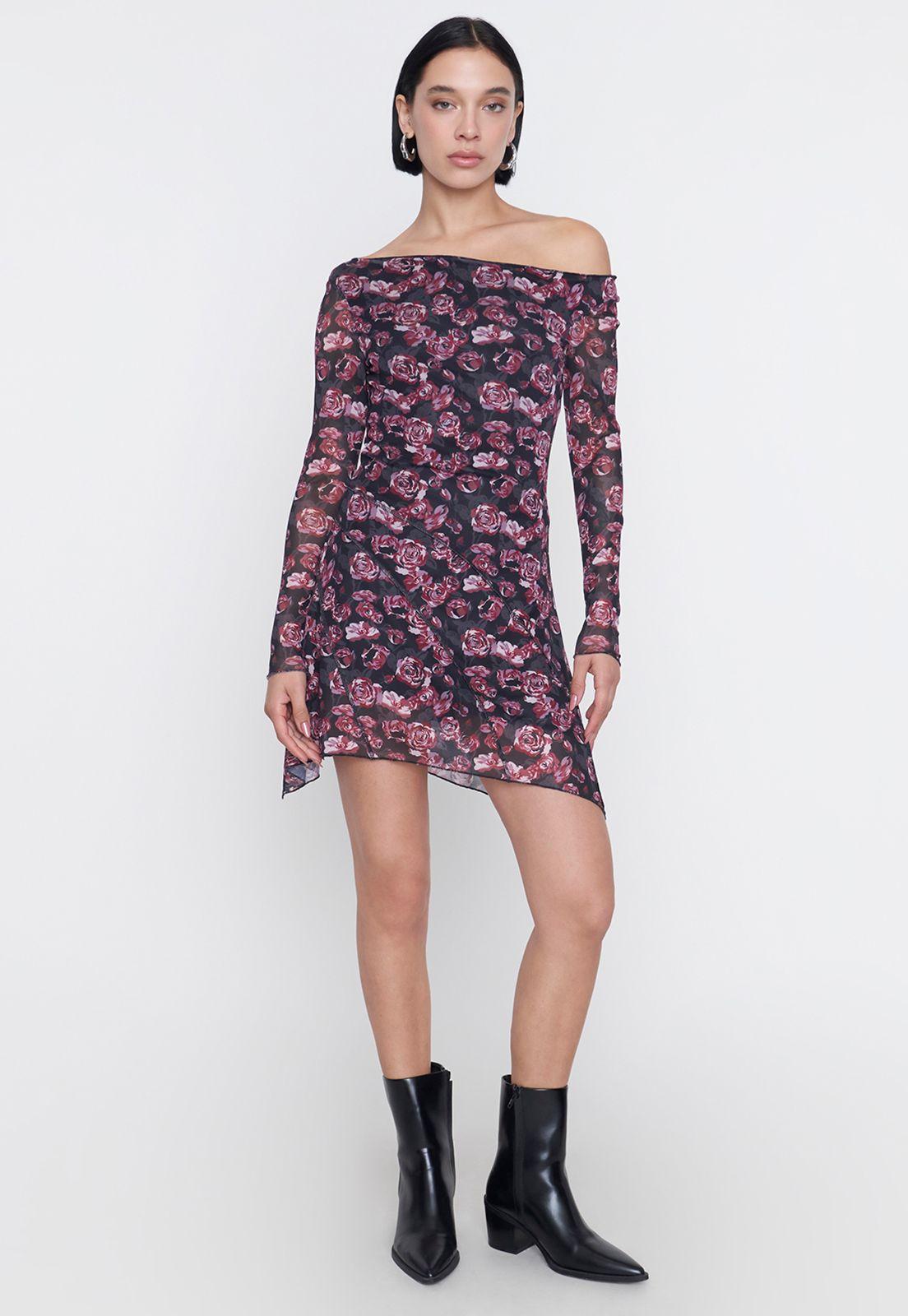 Vestido Mujer M/L Largo Malla Print Flor Negro Corona-3