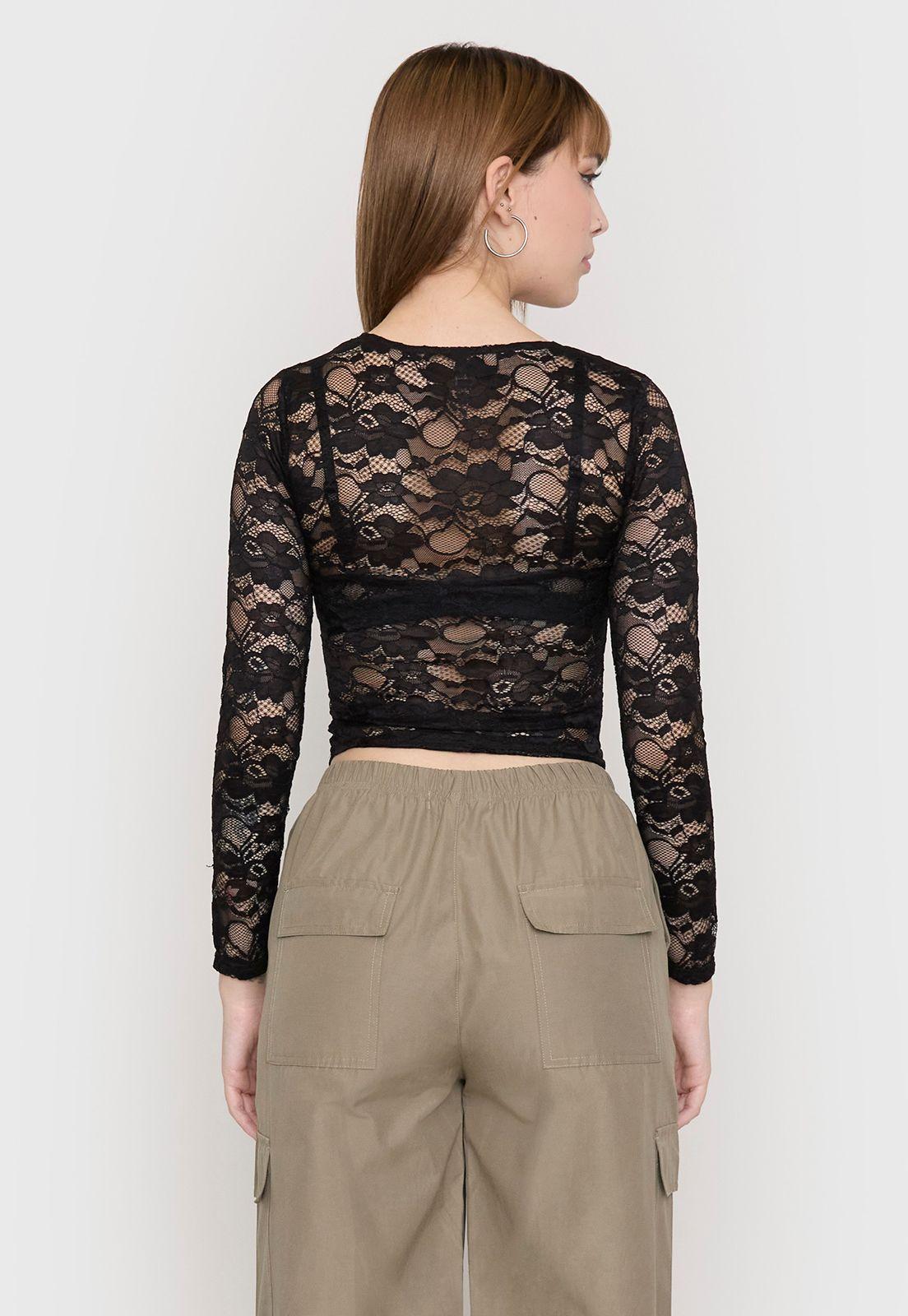 Polera Mujer Malla Encaje Negro Corona-1