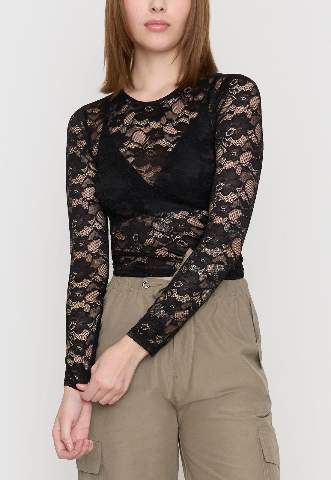 Polera Mujer Malla Encaje Negro Corona-2