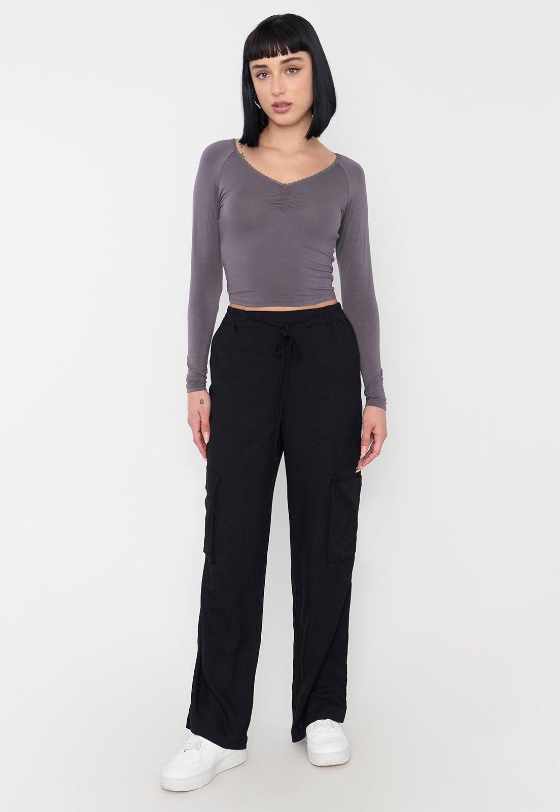 Polera Mujer Manga Larga Cuello V Gris Corona-3