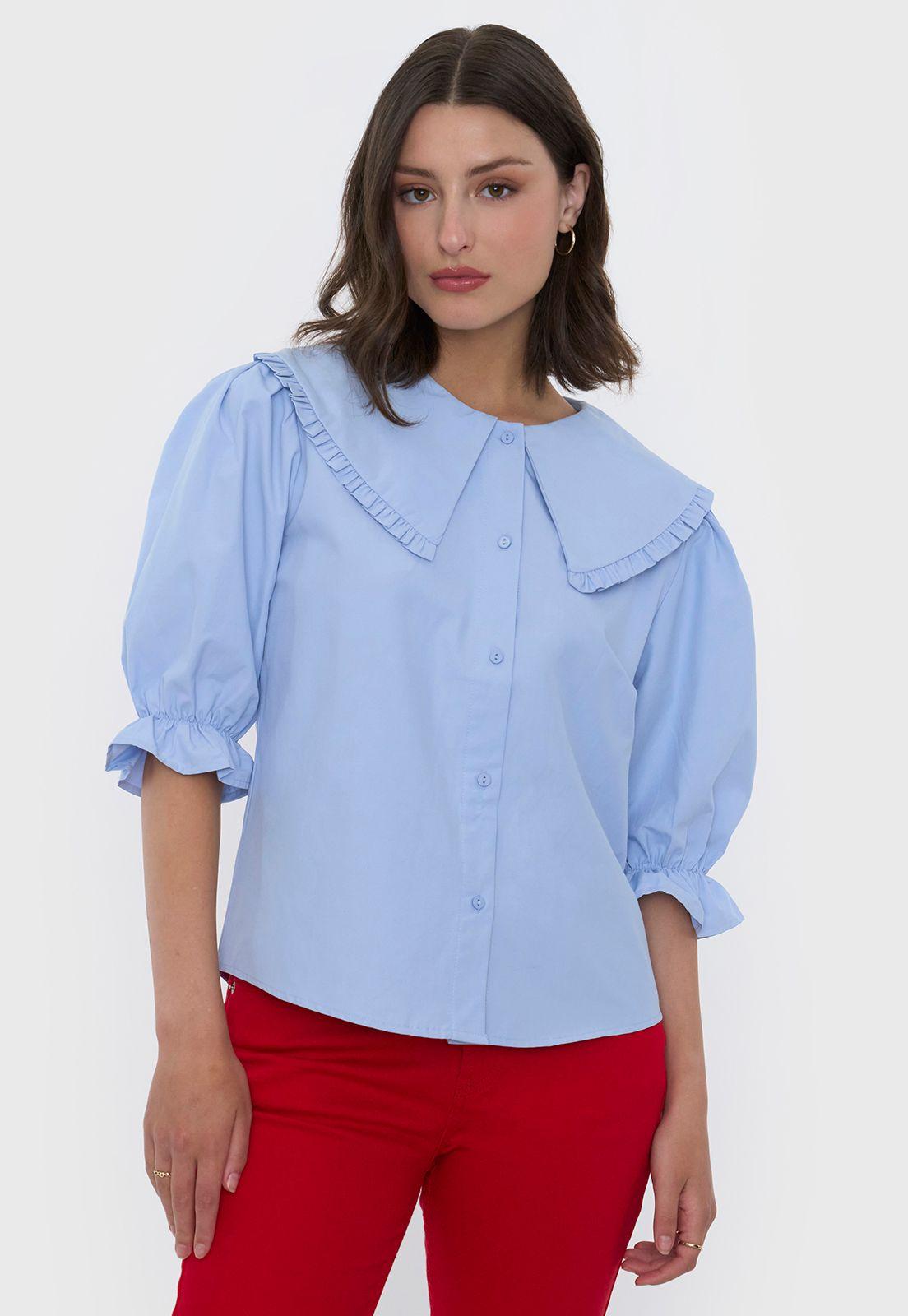 Blusa Mujer Cuello Boho Celeste Corona-1