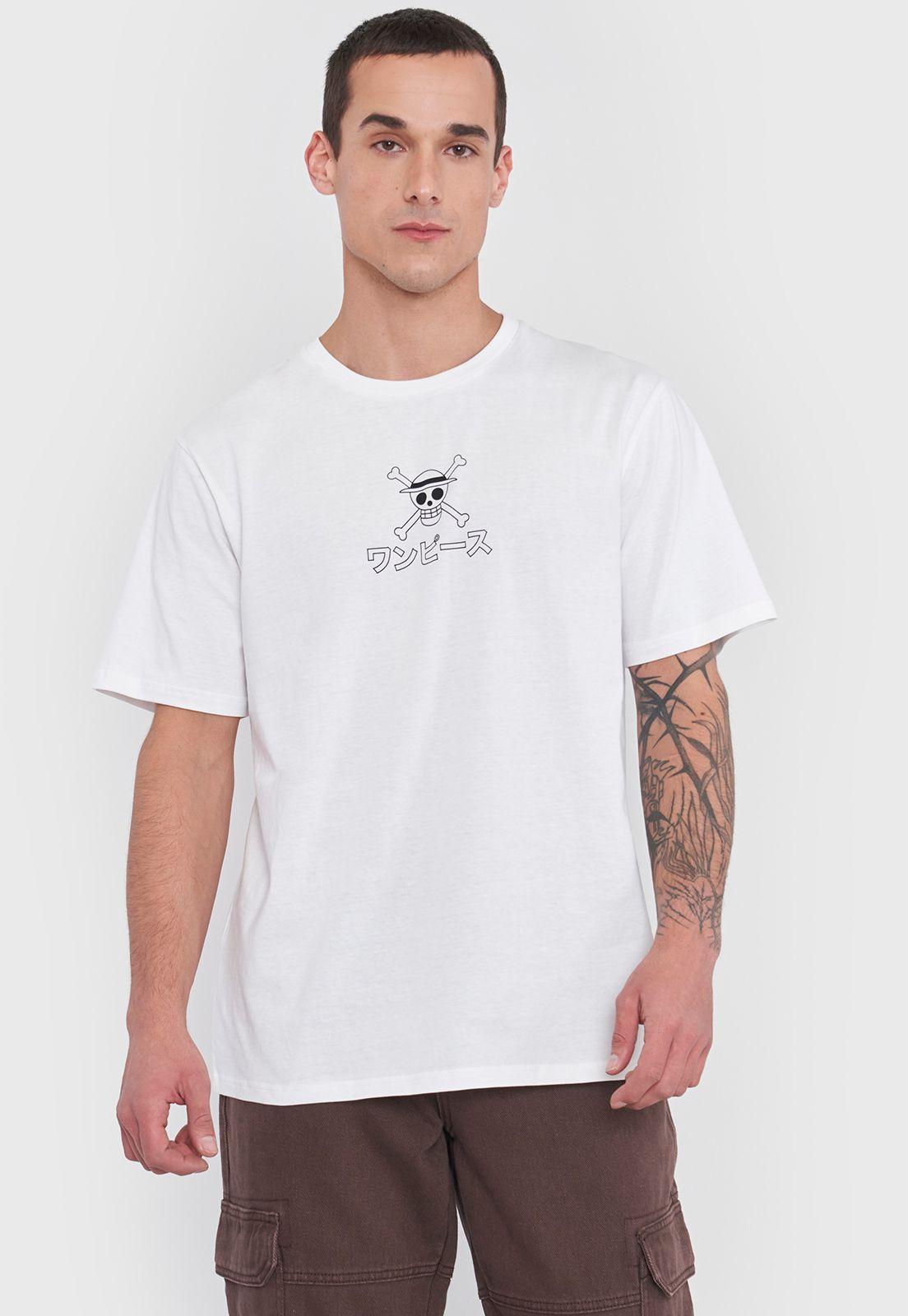 Polera Hombre Licencia One Piece Blanco Luffy Corona-0