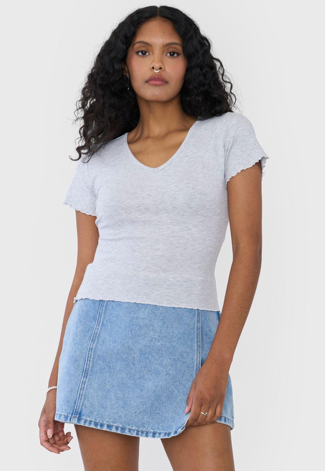 Polera Mujer Manga Corta Lisa Gris Melange Corona-0