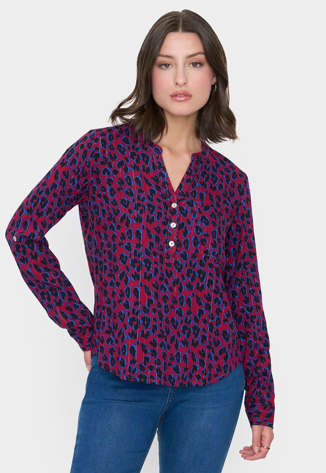 Blusa Mujer Cuello Mao Animal Print Rojo Corona-0