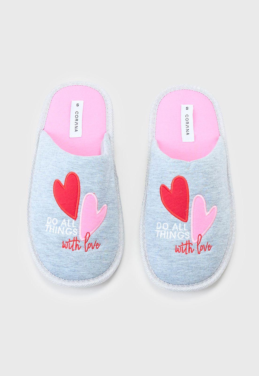 Pantufla Mujer Lurex Gris Corazones Corona-2