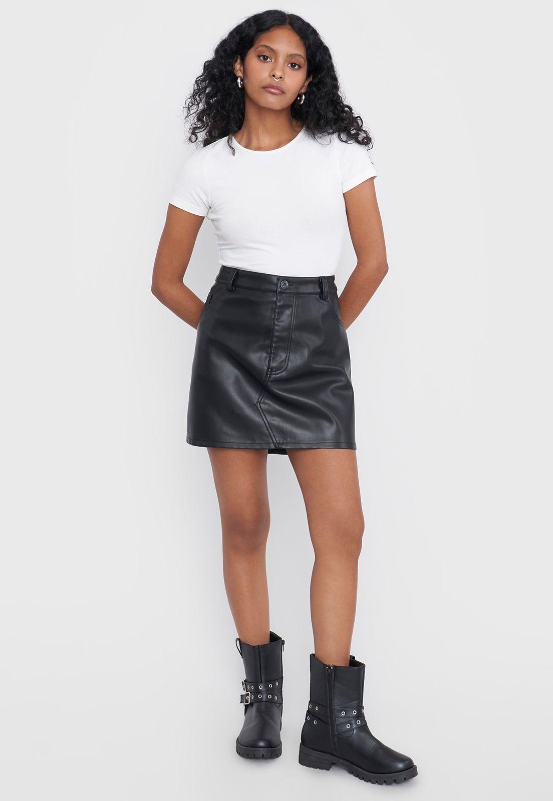 Falda Mujer Lisa Ecocuero Negro Corona-3