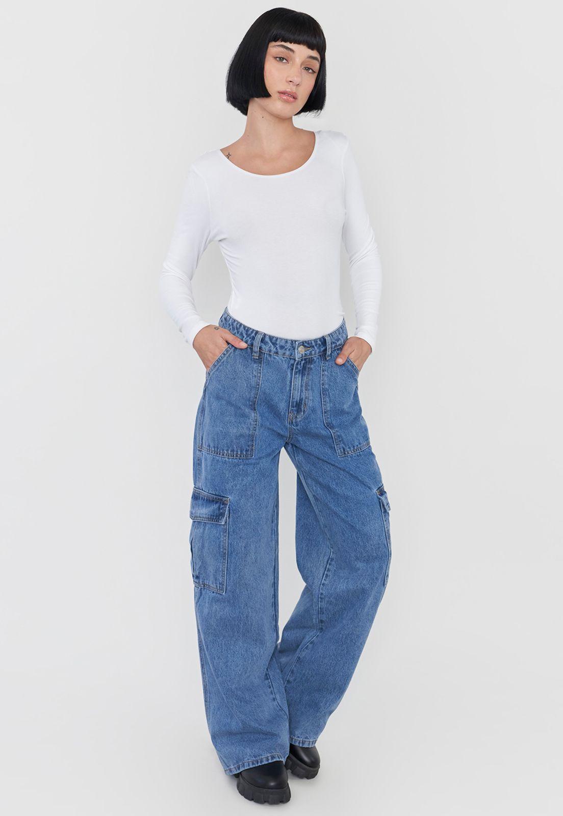 Jeans Mujer Cargo Wide Leg Fit Azul Medio Corona-1