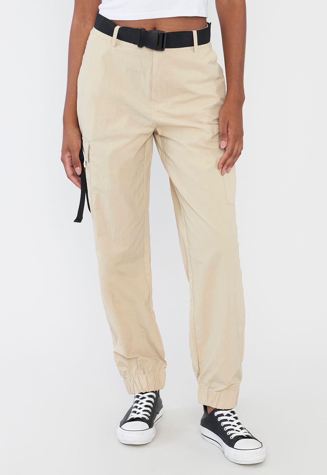 Pantalón Mujer Beige Jogger Cargo Cinturón Corona-1