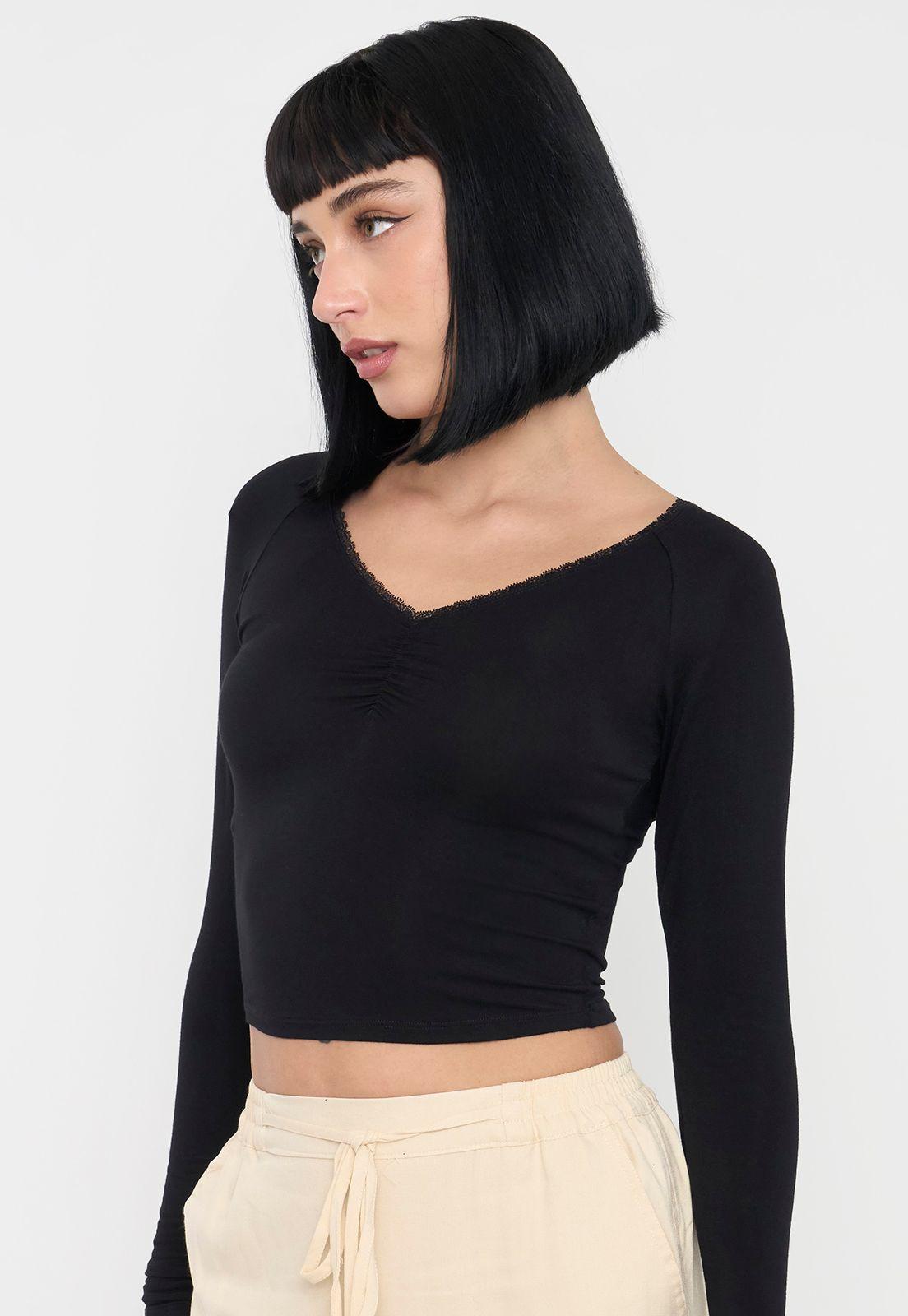 Polera Mujer Manga Larga Negro Cuello V Corona-2