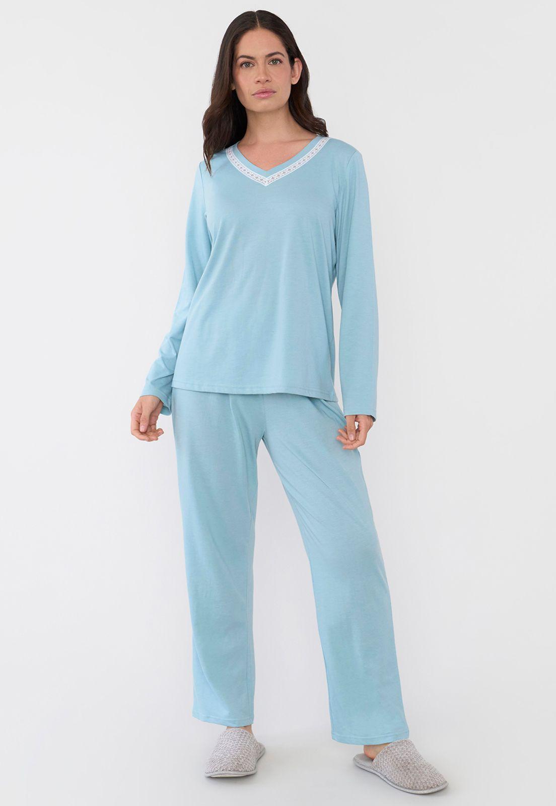 Pijama Mujer Largo Encaje Verde Agua Corona-0