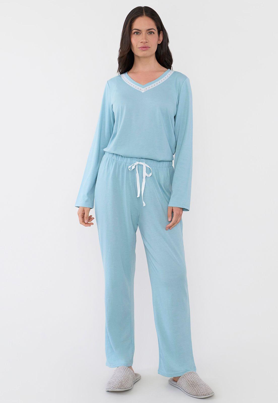 Pijama Mujer Largo Encaje Verde Agua Corona-3