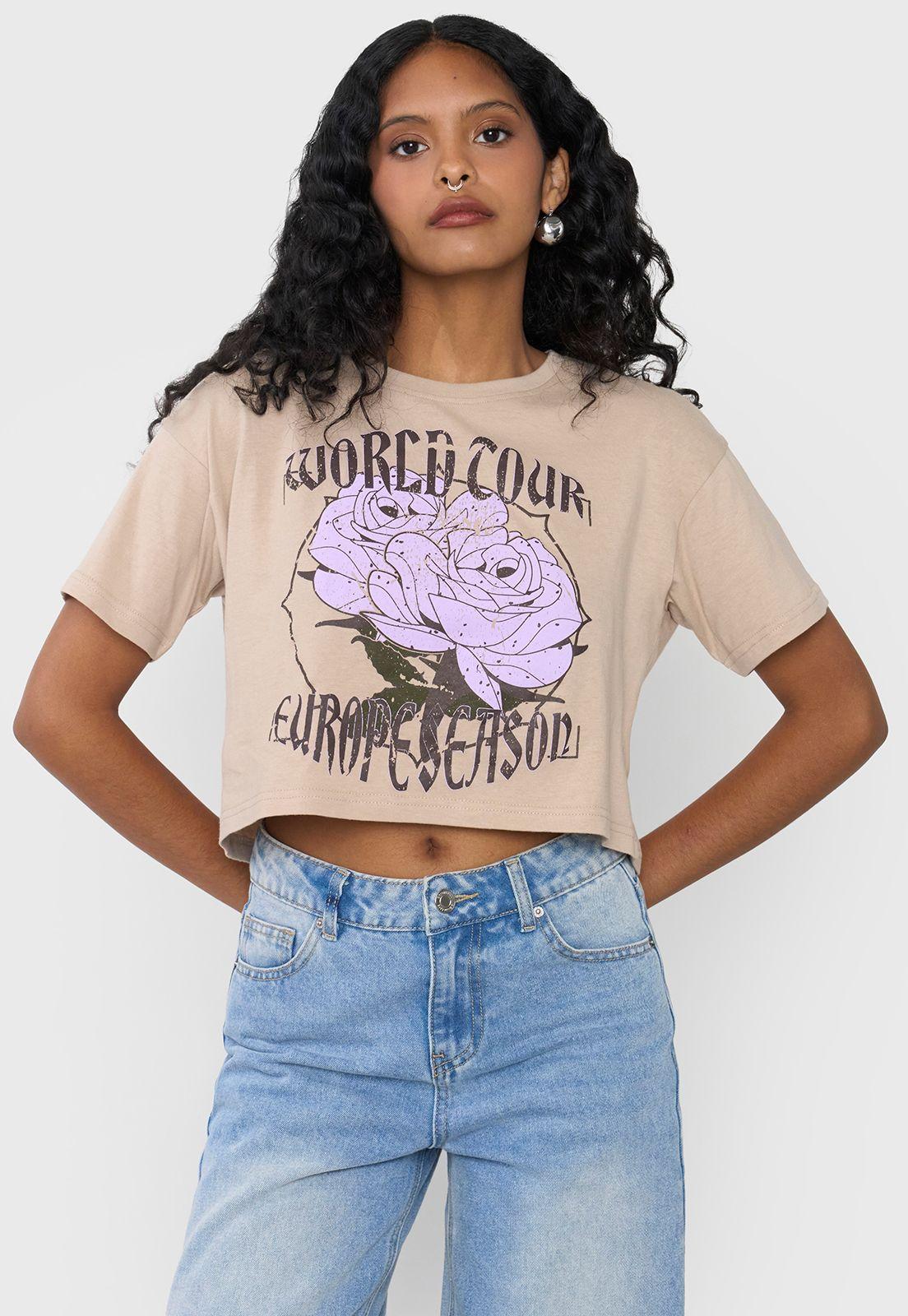 Polera Mujer Fun Manca Corta Crop Beige Corona-0