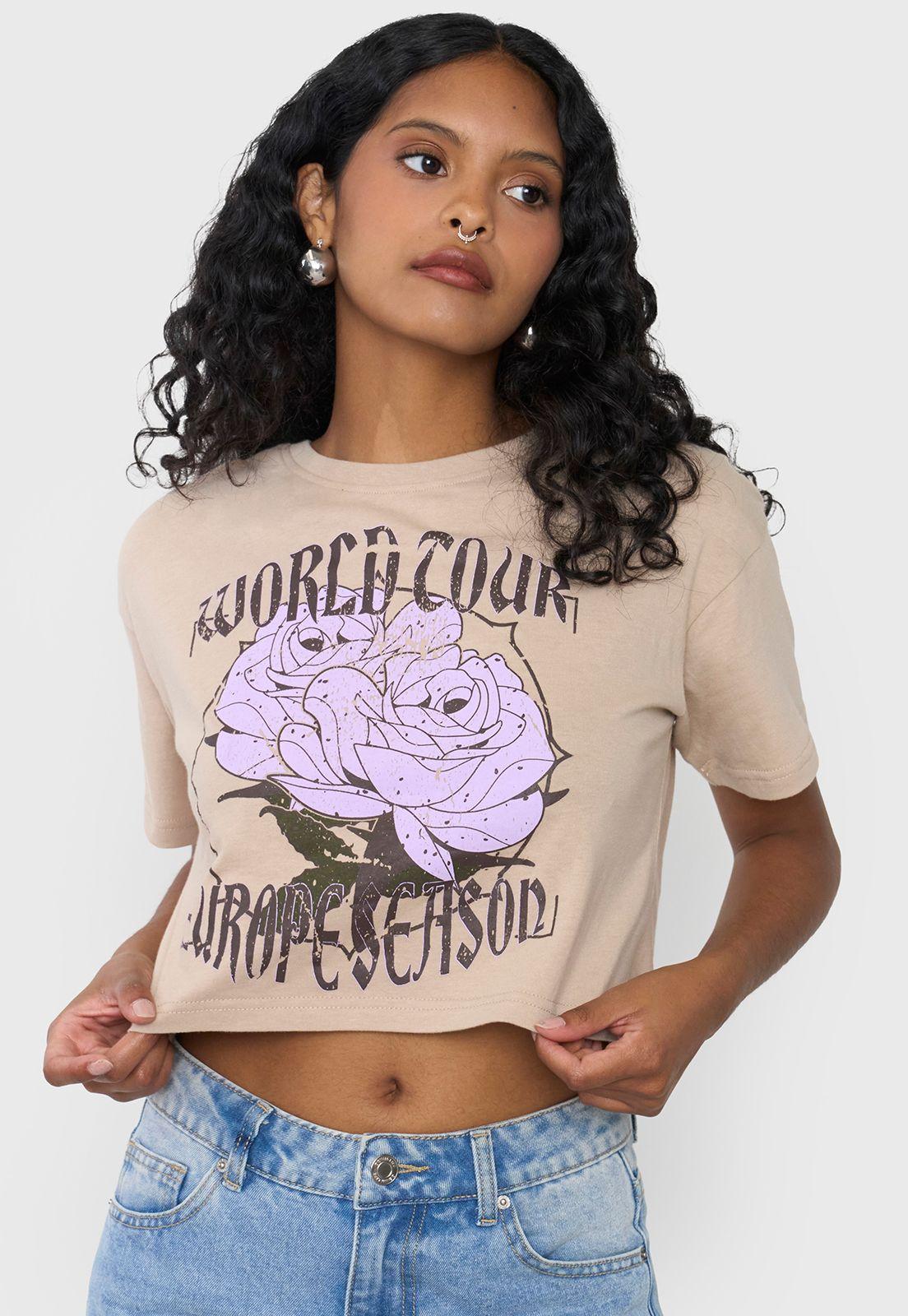Polera Mujer Fun Manca Corta Crop Beige Corona-2