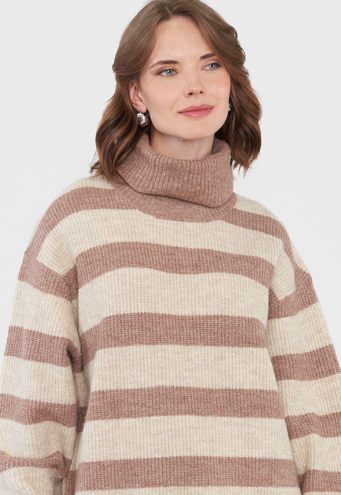 Sweater Negro Mujer Líneas Beige Básico Corona-2