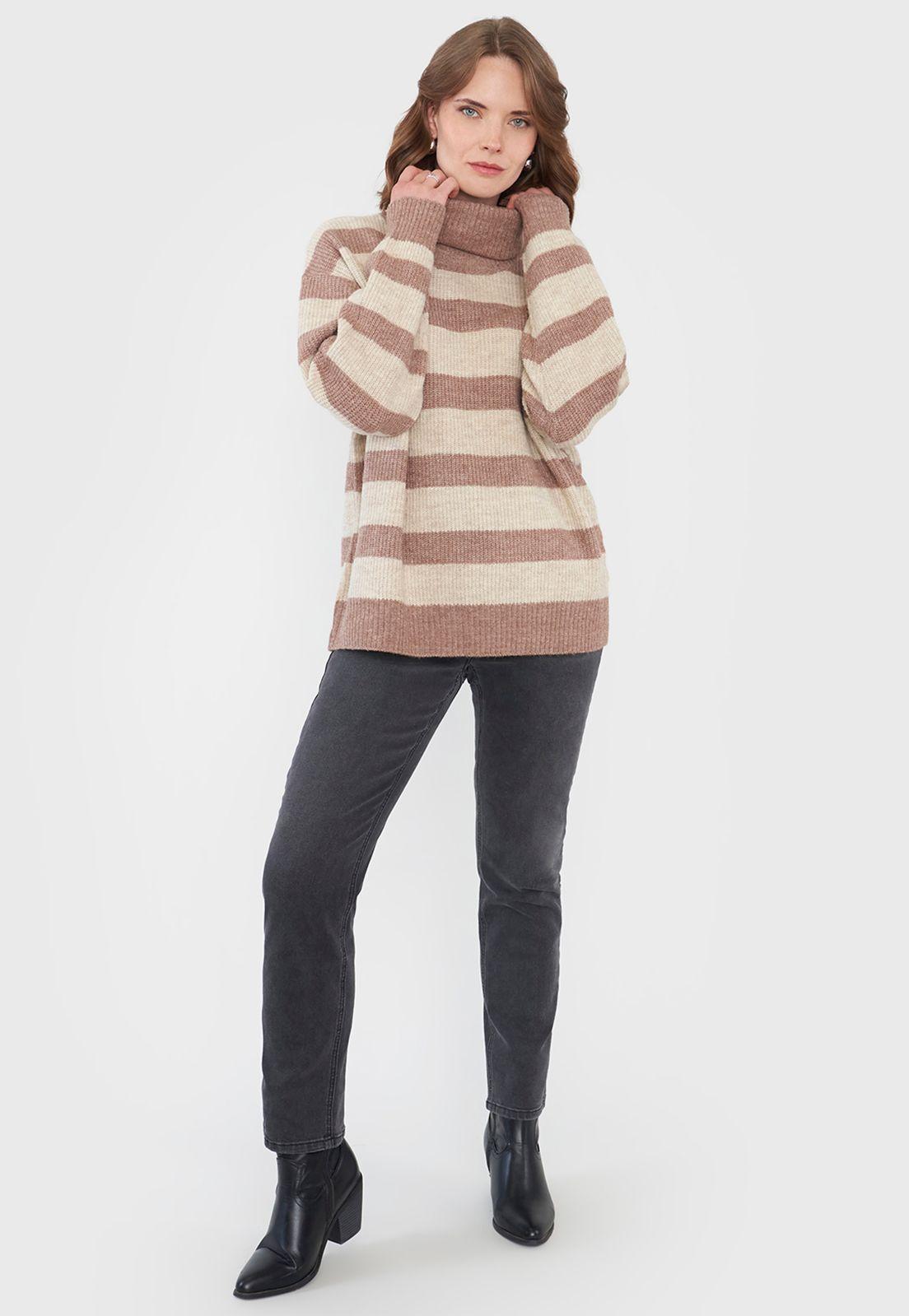 Sweater Negro Mujer Líneas Beige Básico Corona-3