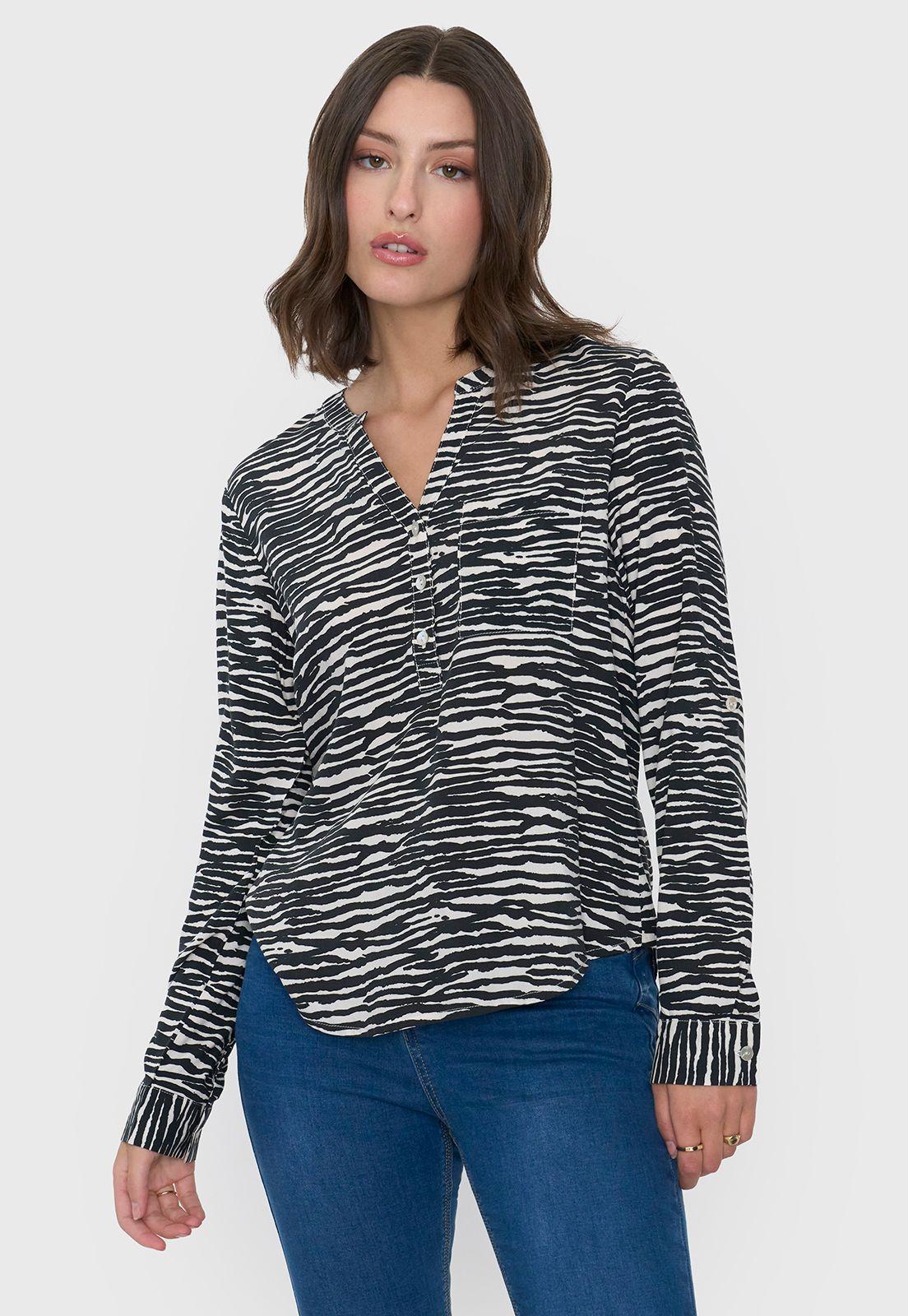 Blusa Mujer Cuello Mao Print Rayas Negro Corona-0