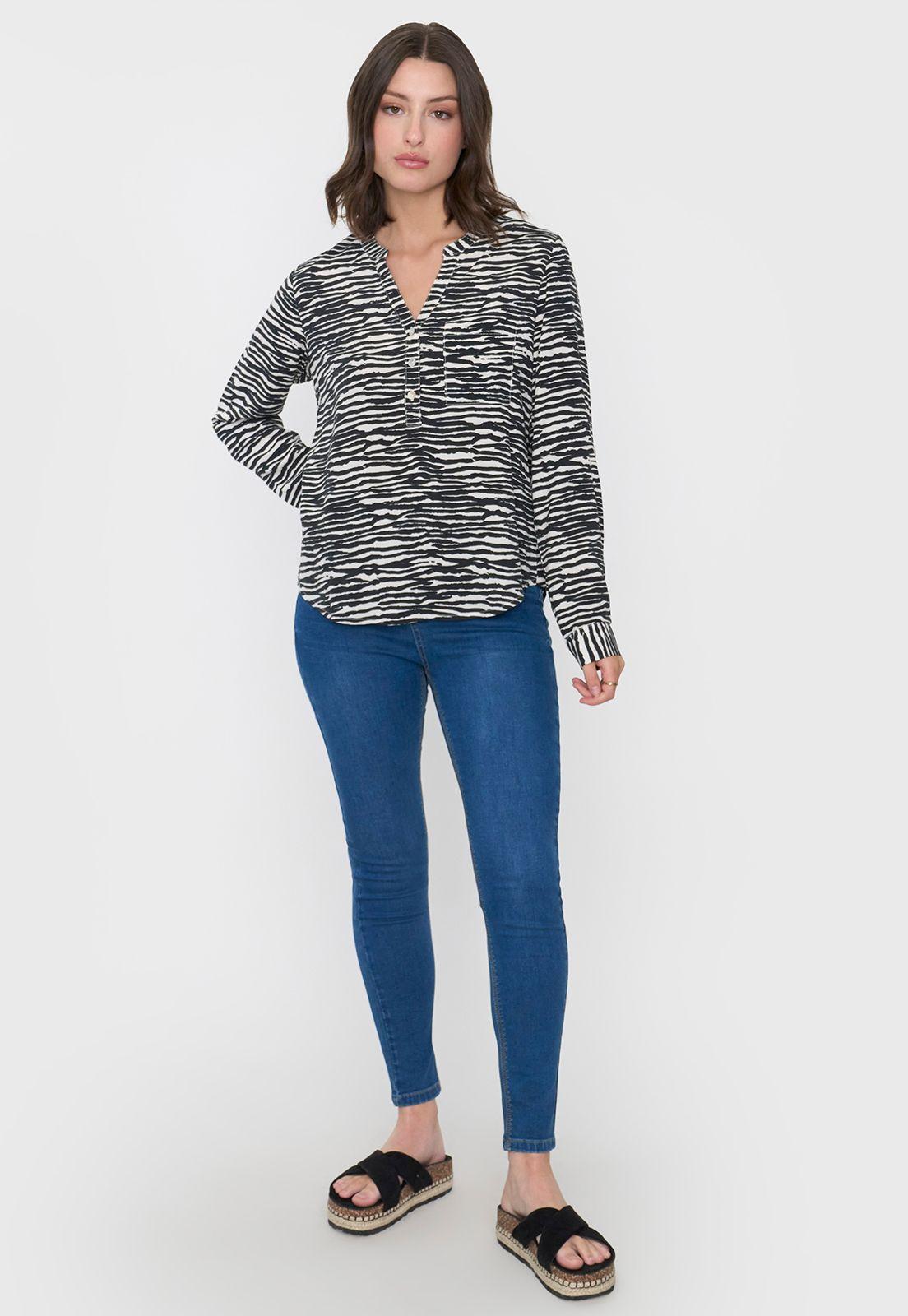 Blusa Mujer Cuello Mao Print Rayas Negro Corona-3