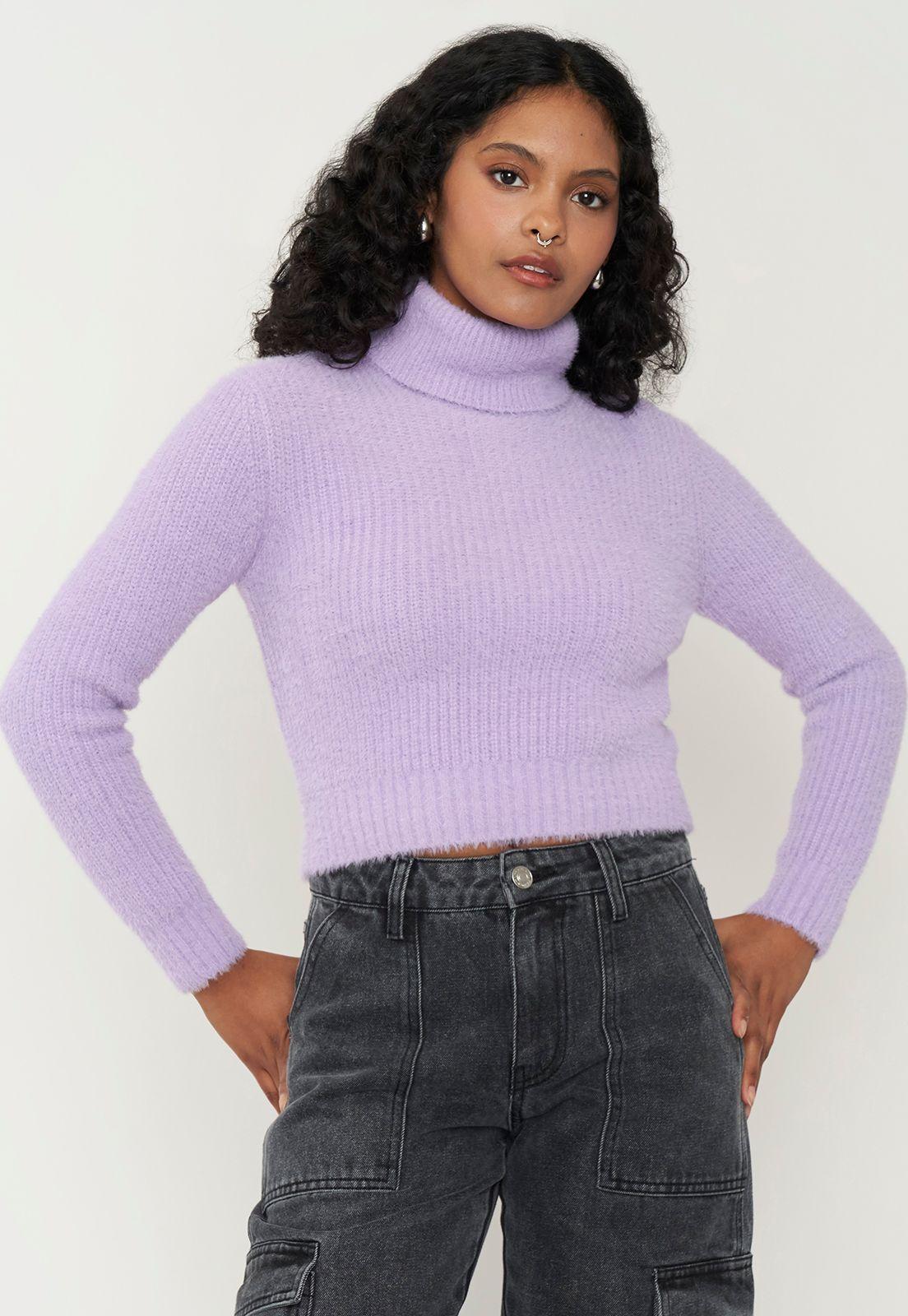 Sweater Mujer Crop Cuello Tortuga Lila Corona-0