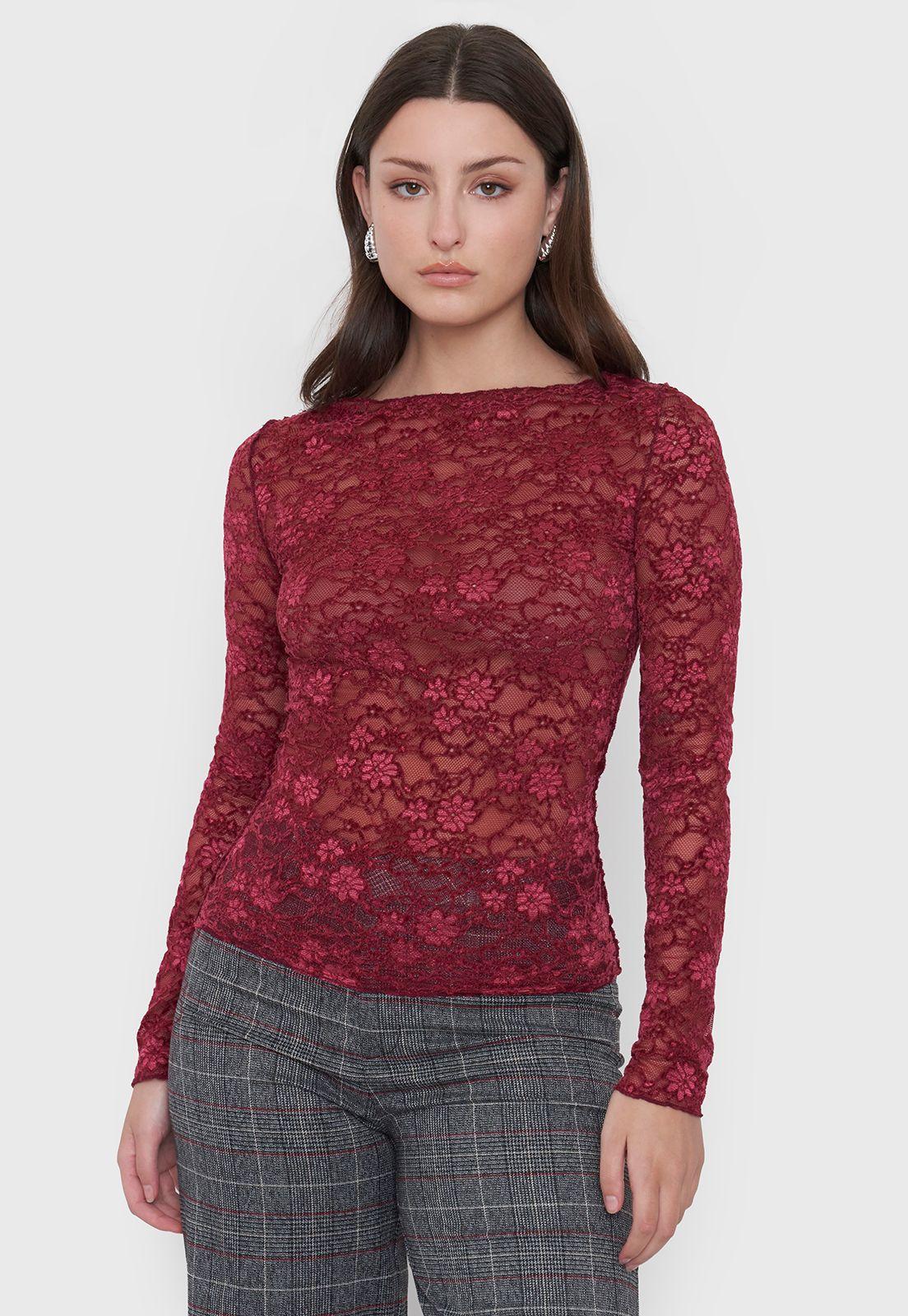 Polera Mujer Burdeo Encaje Corona-0