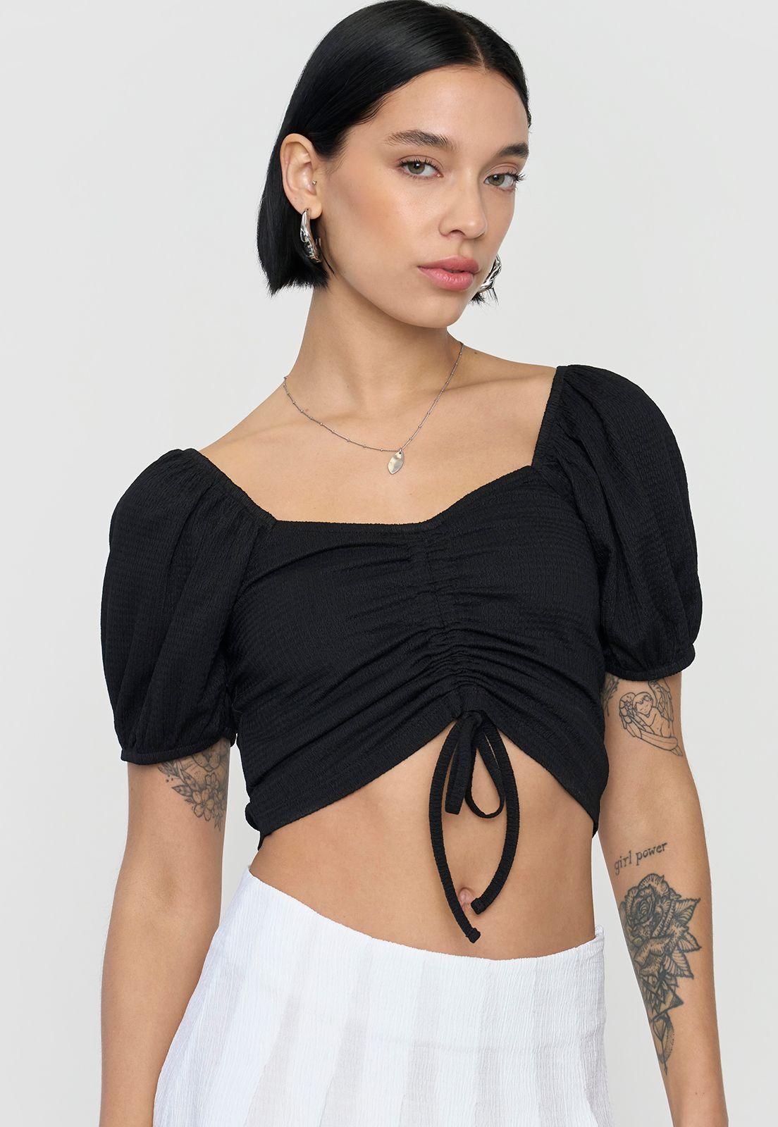 Blusa Mujer Crop Panal Manga Globo Negro Corona-2