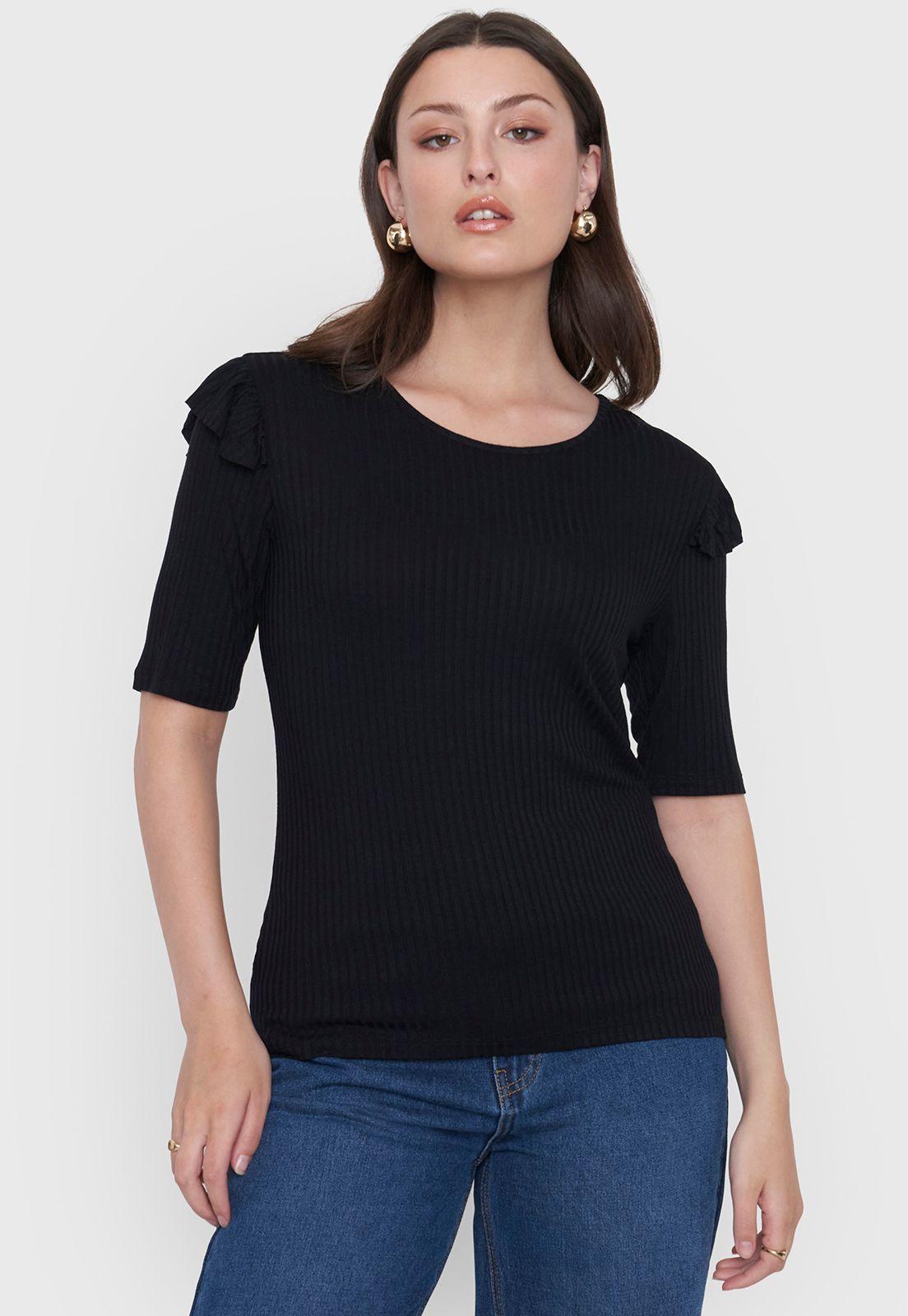 Polera Mujer M/C Rib Vuelos Color Negro Corona-0