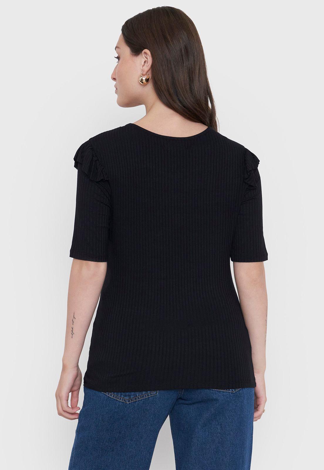 Polera Mujer M/C Rib Vuelos Color Negro Corona-1