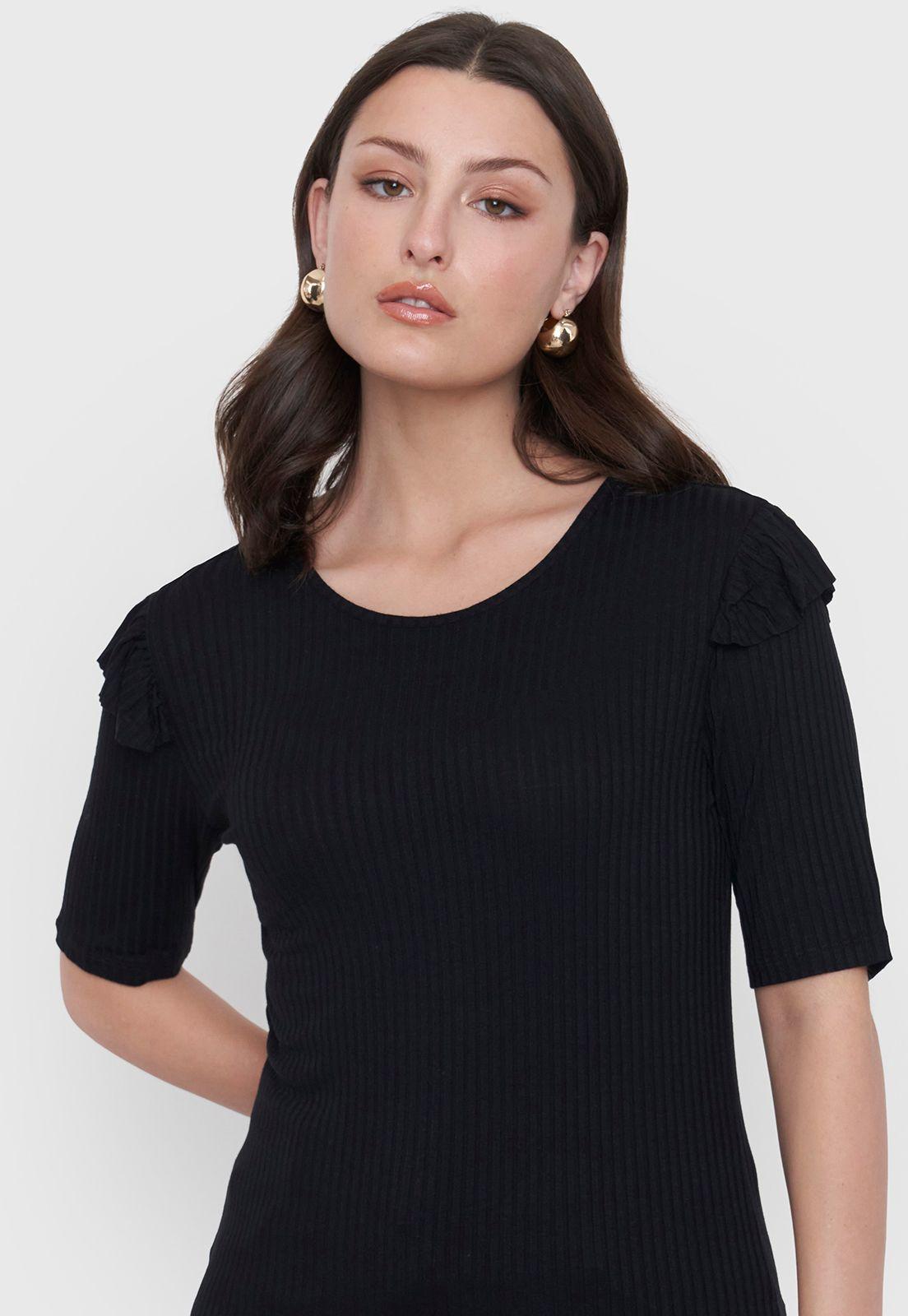 Polera Mujer M/C Rib Vuelos Color Negro Corona-2