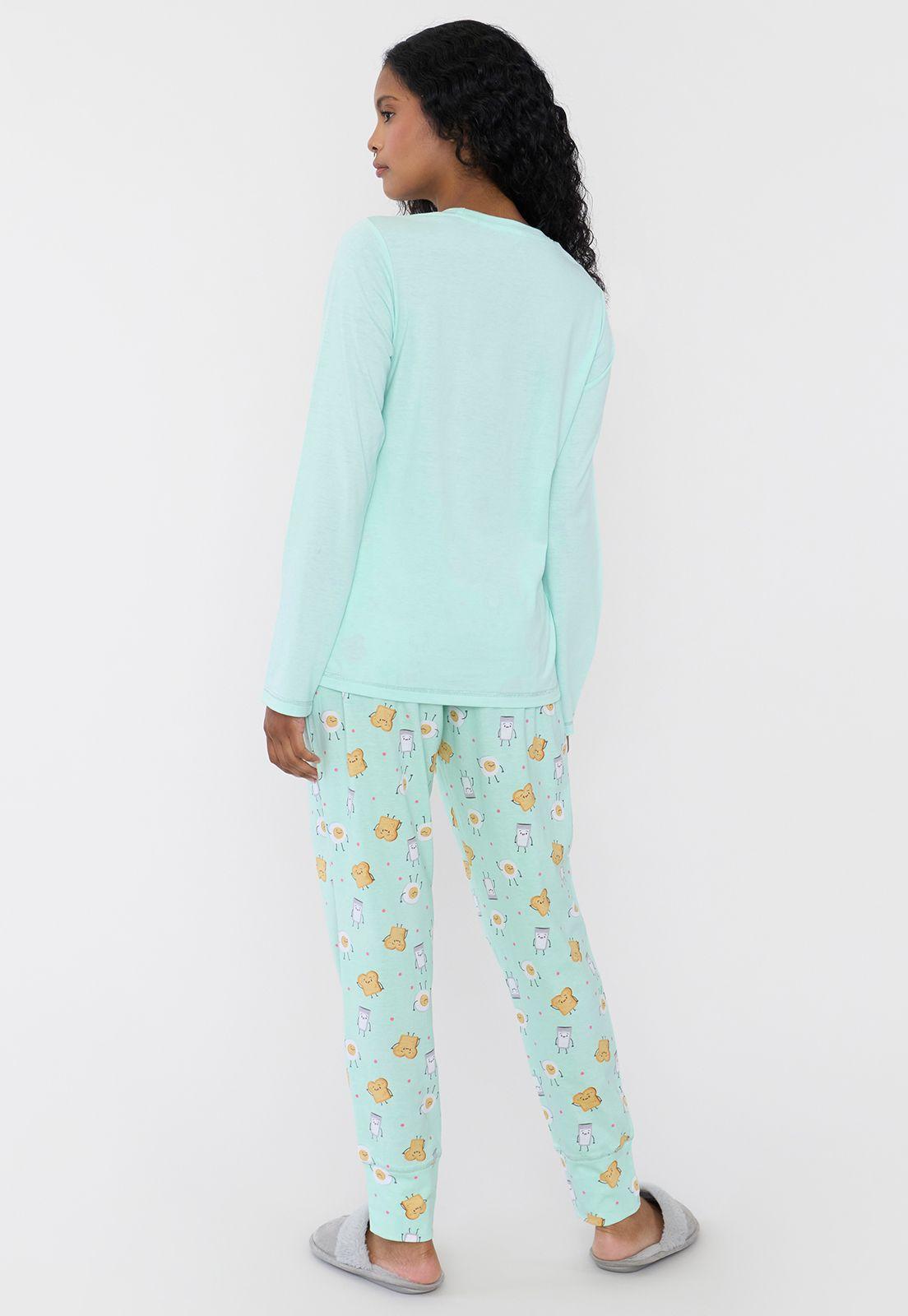 Pijama Mujer Largo Algodón Print Turquesa Corona-1