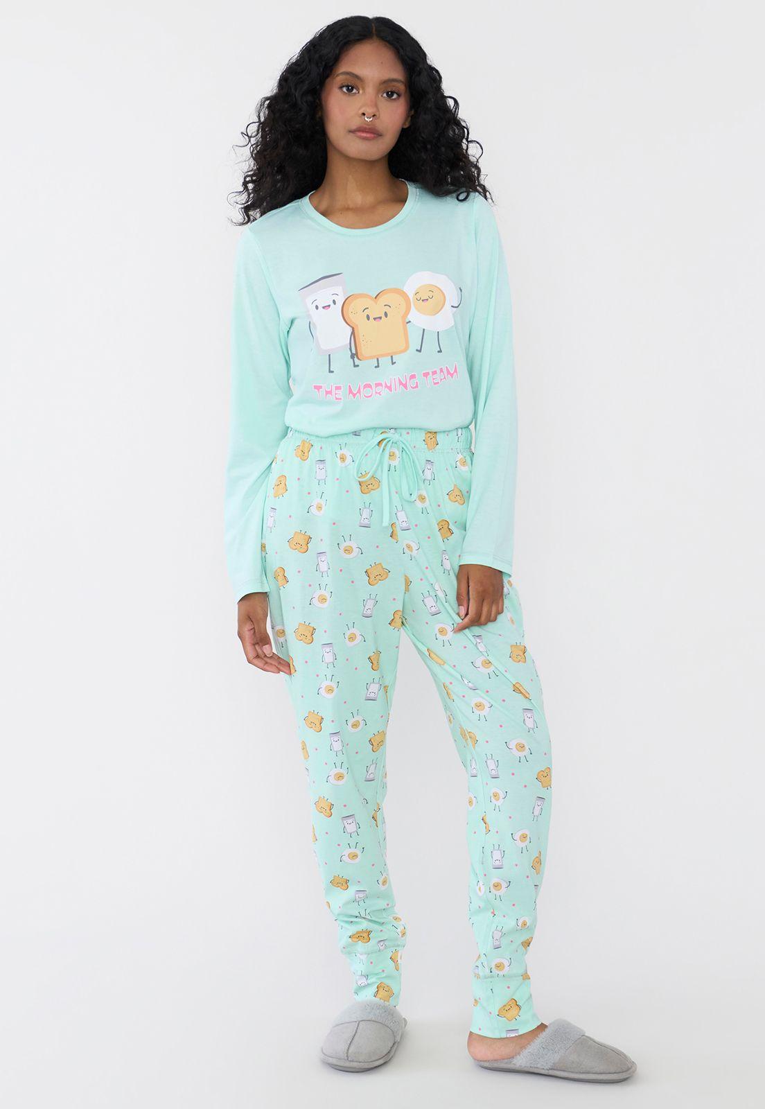 Pijama Mujer Largo Algodón Print Turquesa Corona-3