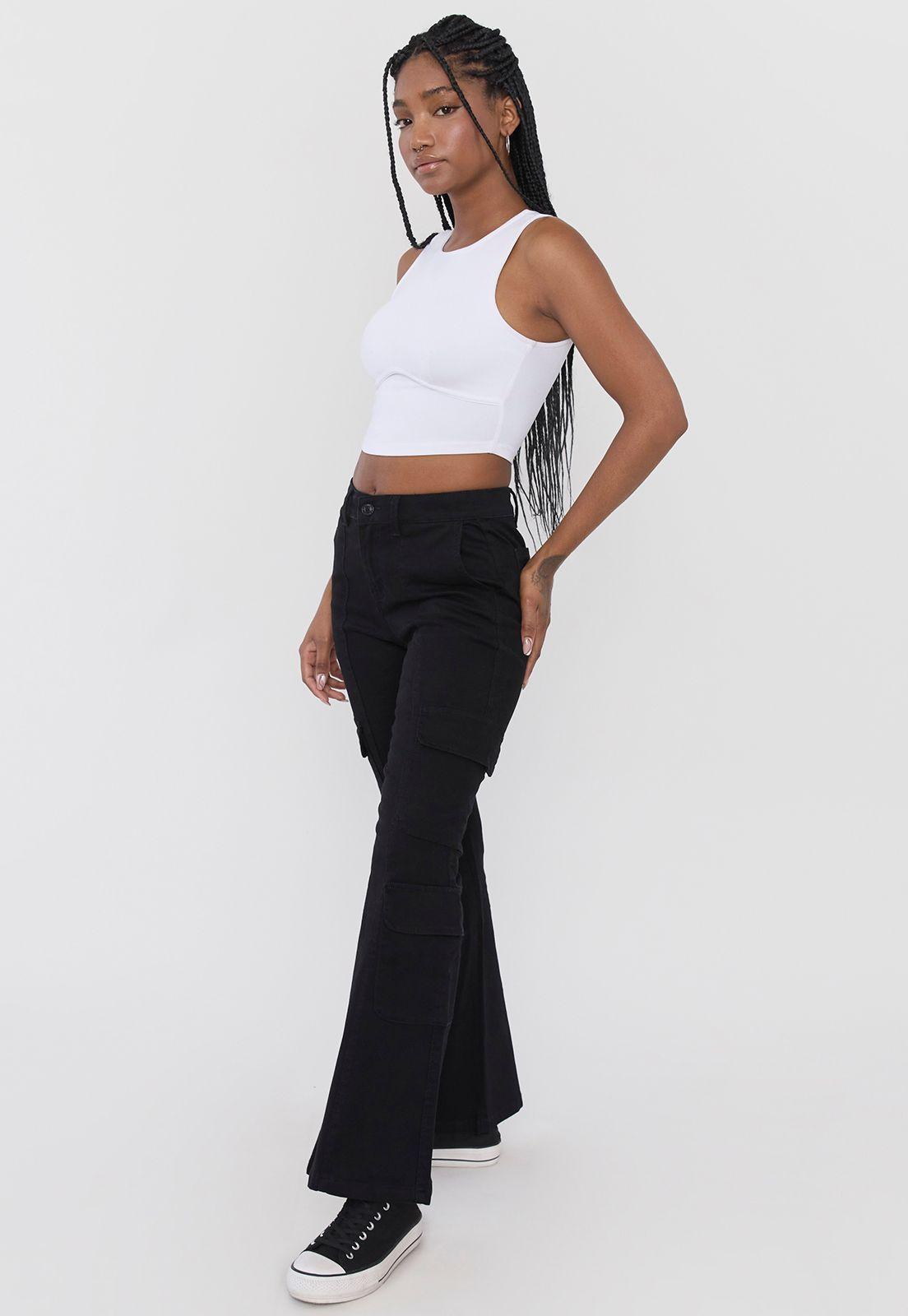 Jeans Mujer Flare Cargo Negro Corona-3