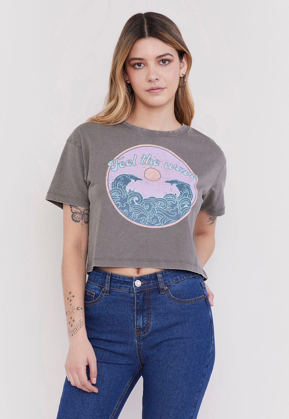 Polera Mujer Fun Manga Corta Crop Gris Waves Corona-0