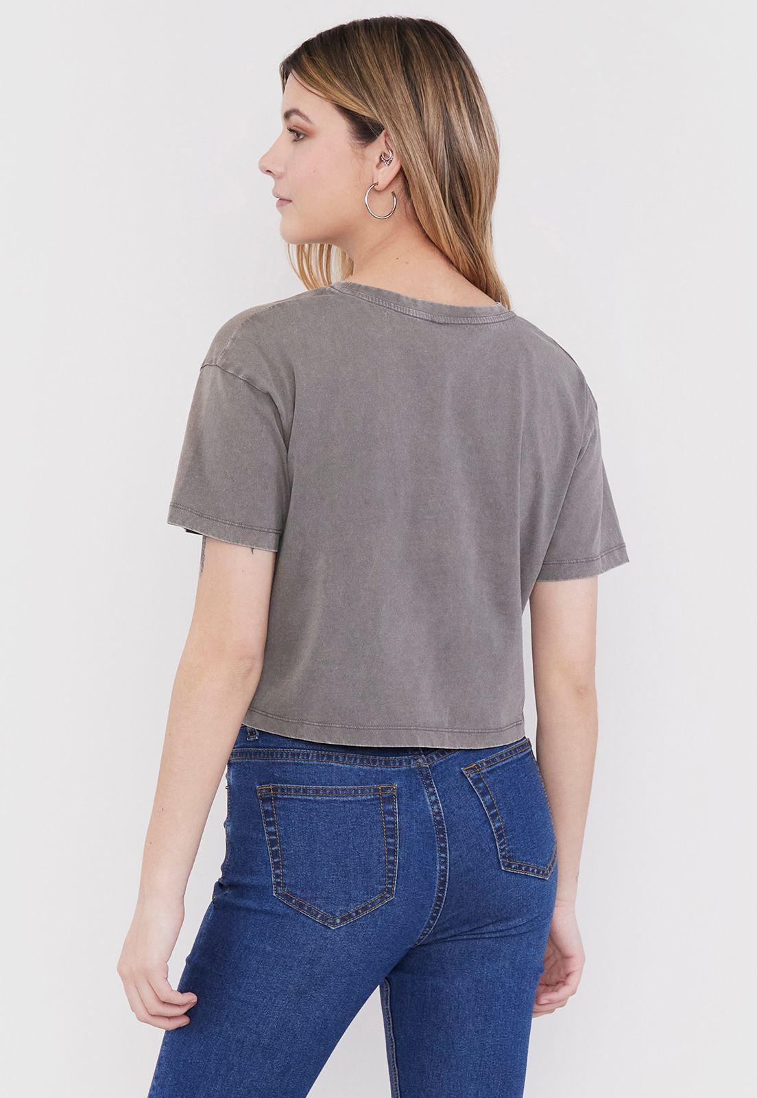 Polera Mujer Fun Manga Corta Crop Gris Waves Corona-1