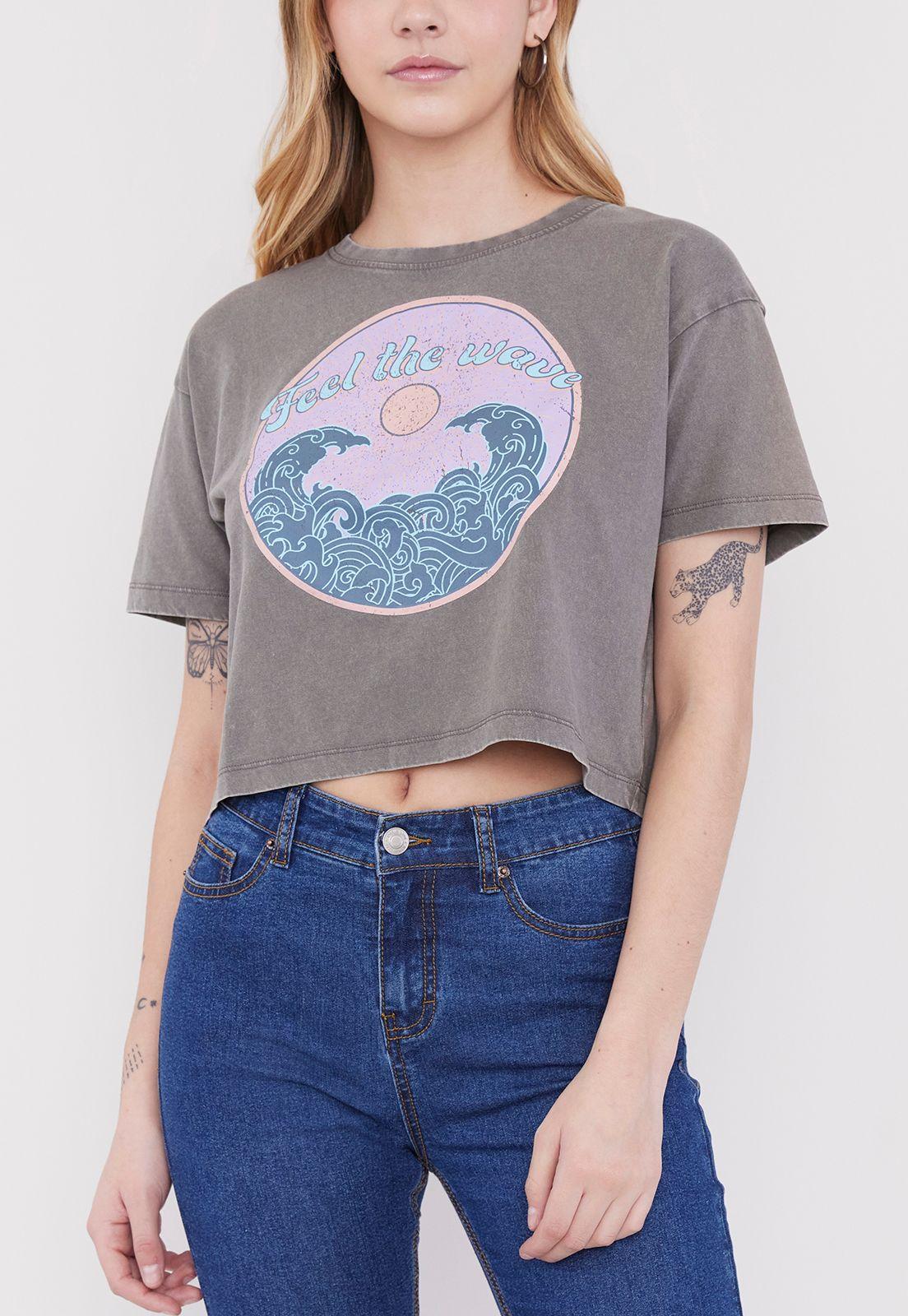 Polera Mujer Fun Manga Corta Crop Gris Waves Corona-2