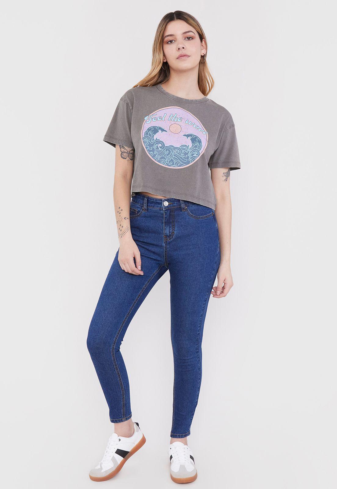 Polera Mujer Fun Manga Corta Crop Gris Waves Corona-3