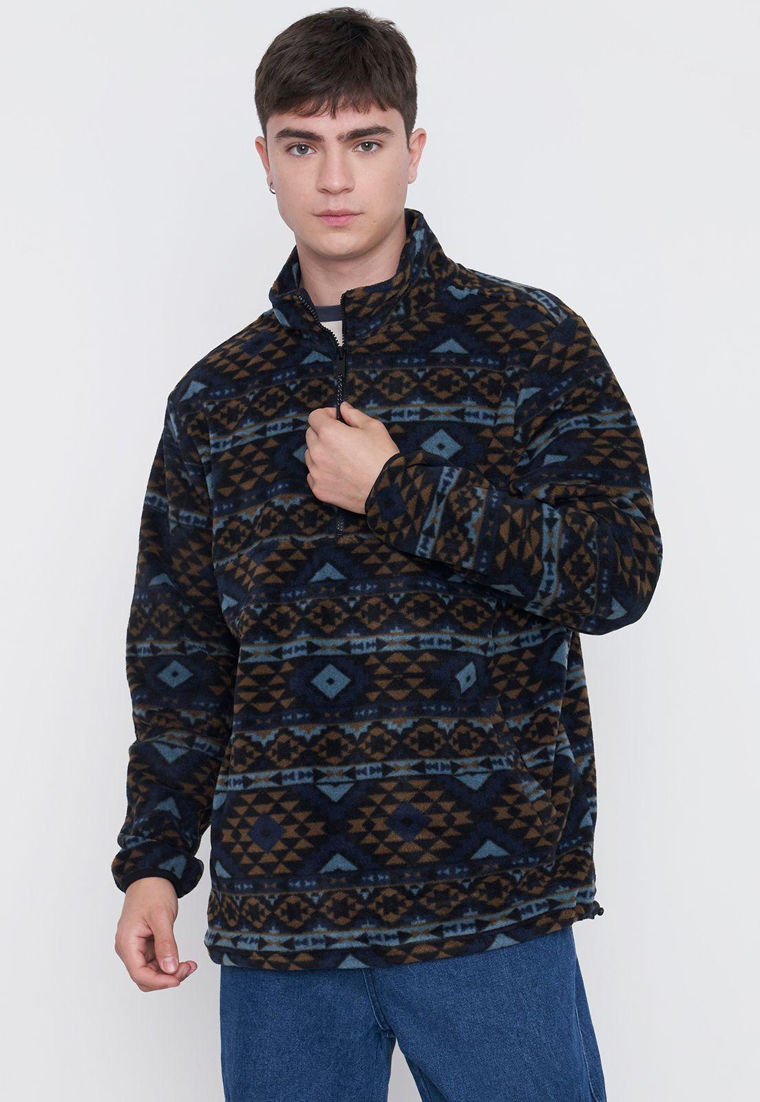 Polerón Polar Hombre Print Half Zipper Azul Étnico Corona-0