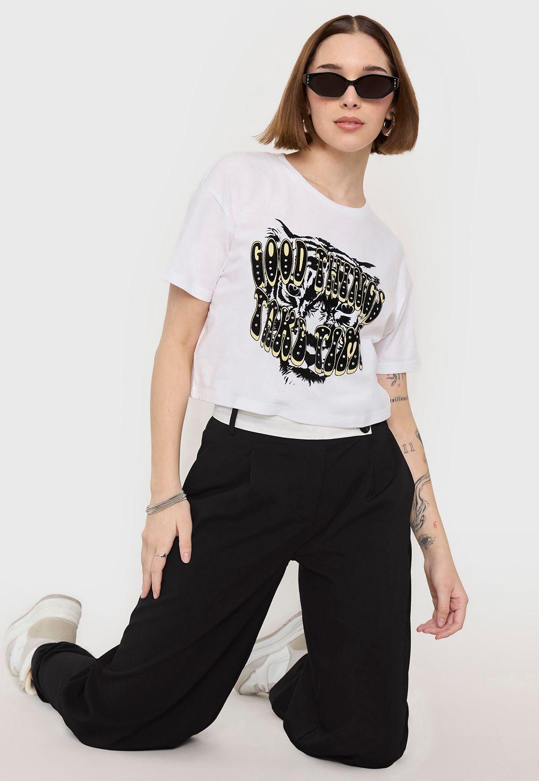Polera Mujer Fun Manga Corta Crop Blanco Animal Corona-0