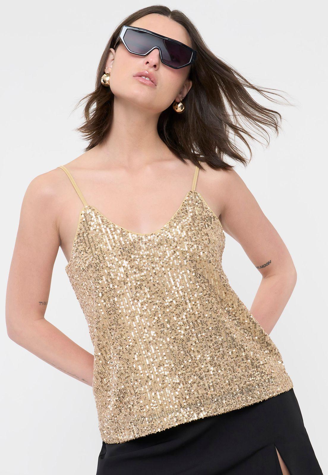 Polera Mujer Lentejuelas Tiritas Night Dorado Corona-0