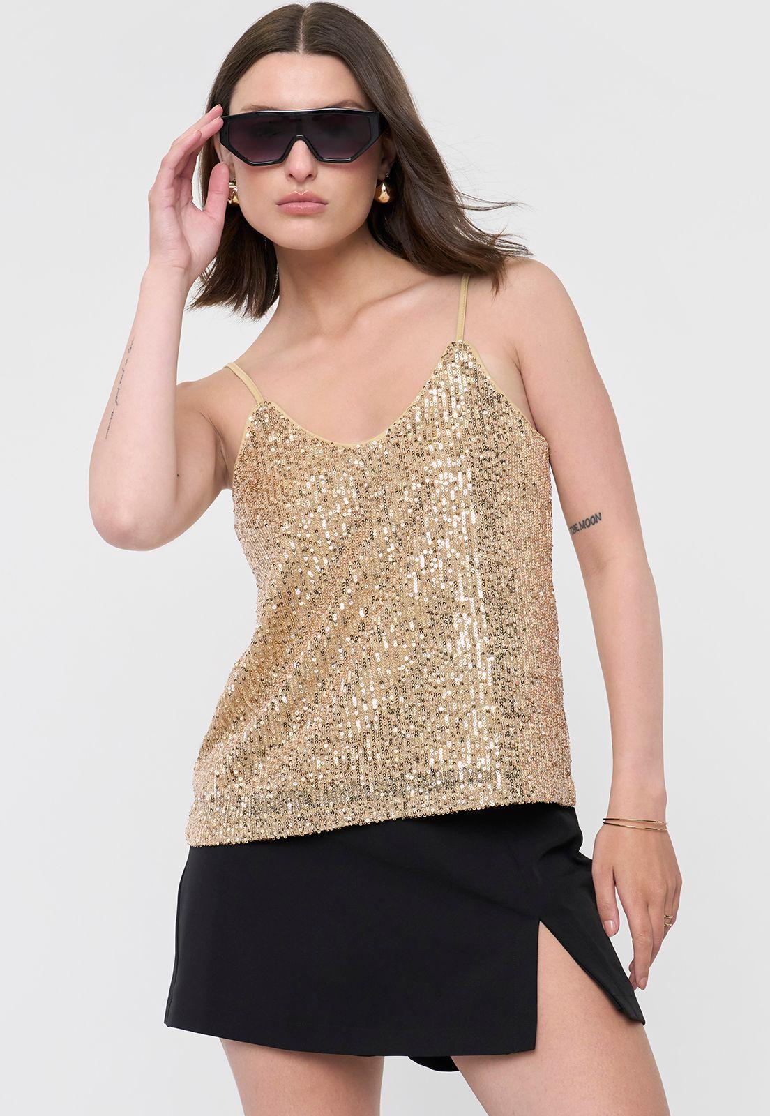 Polera Mujer Lentejuelas Tiritas Night Dorado Corona-1