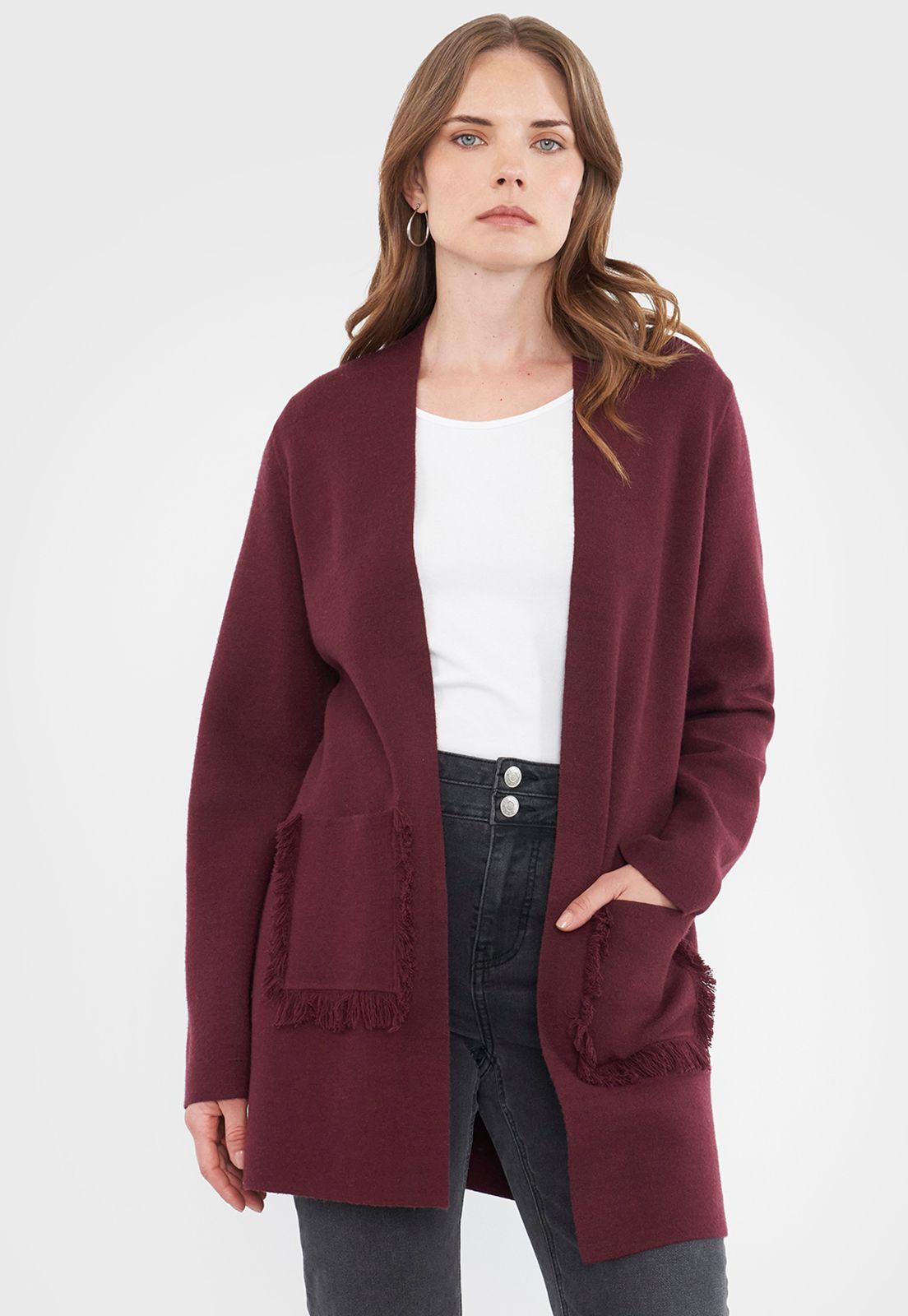 Sweater Mujer Cárdigan Flecos Burdeo Corona-0