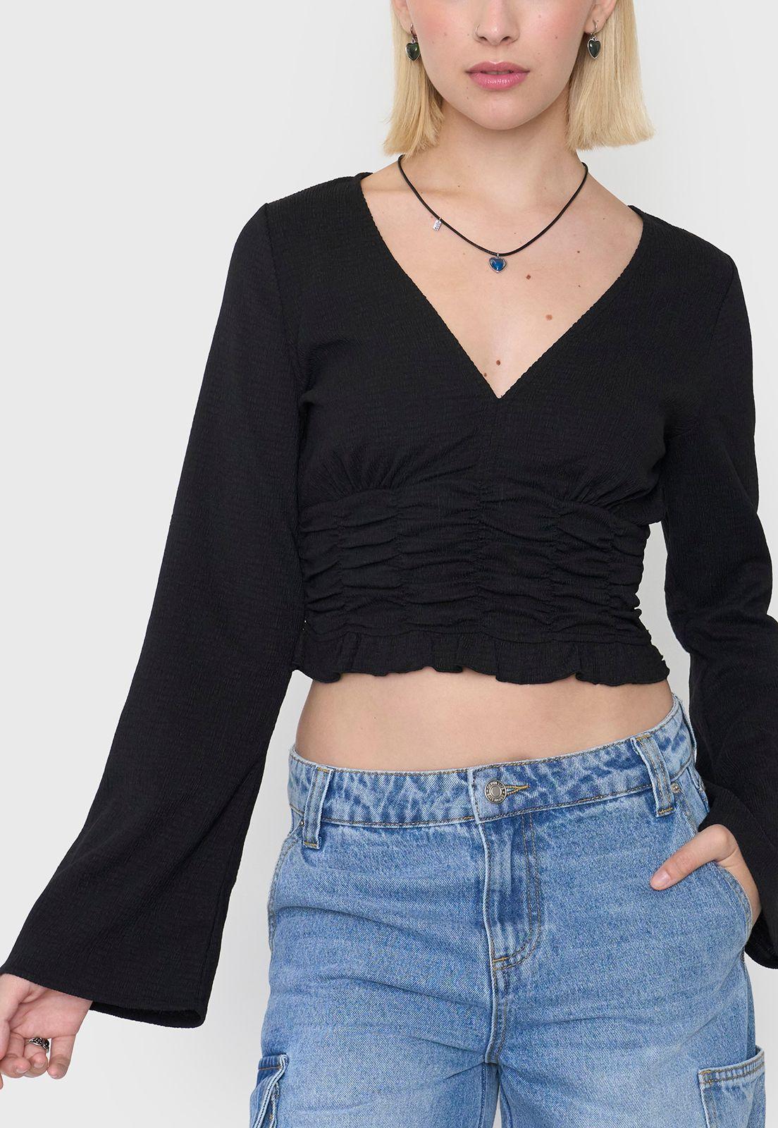 Blusa Mujer Manga Larga Campana Negro Corona-2