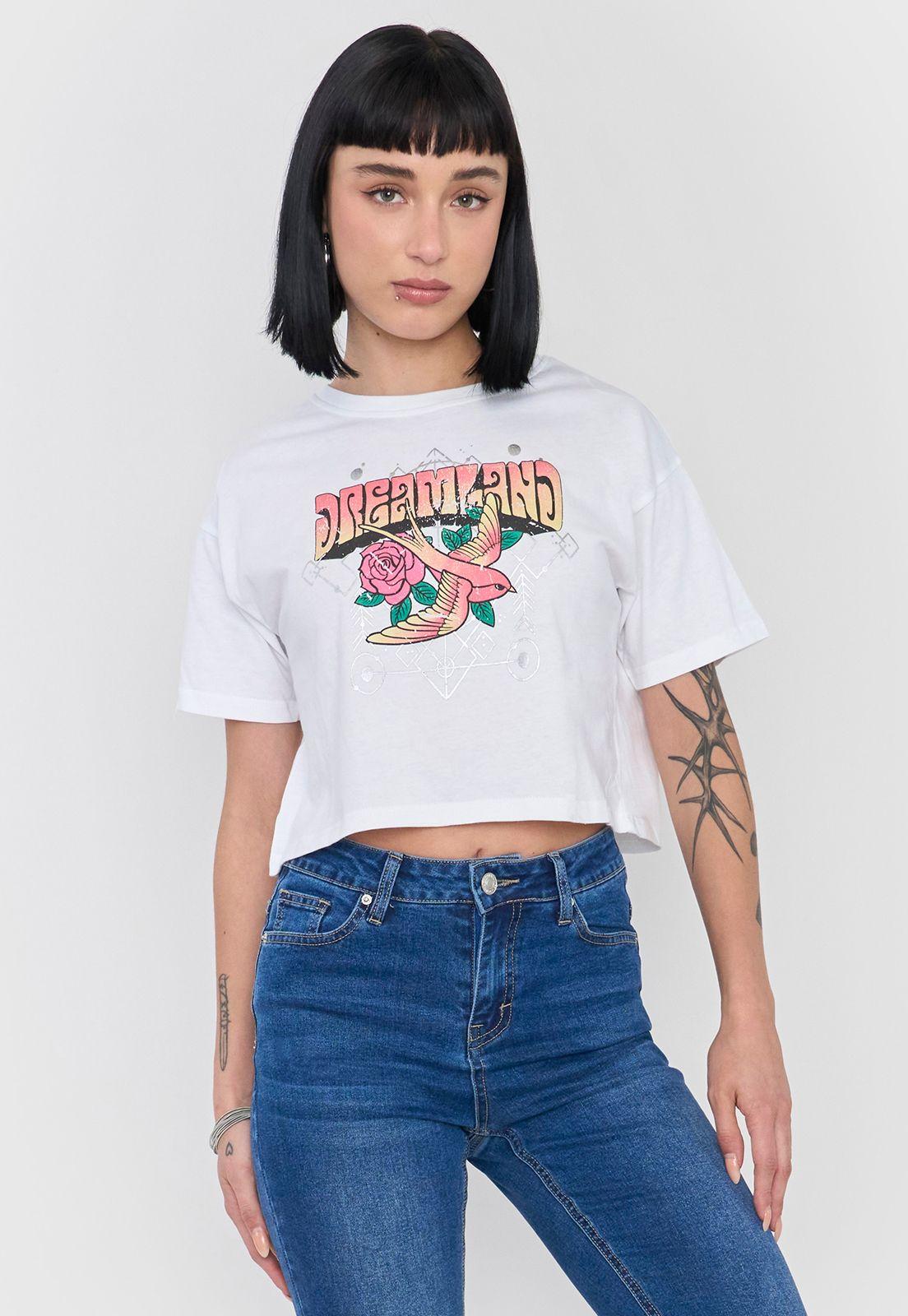 Polera Mujer Crop Blanco Fun Manga Corta Corona-0