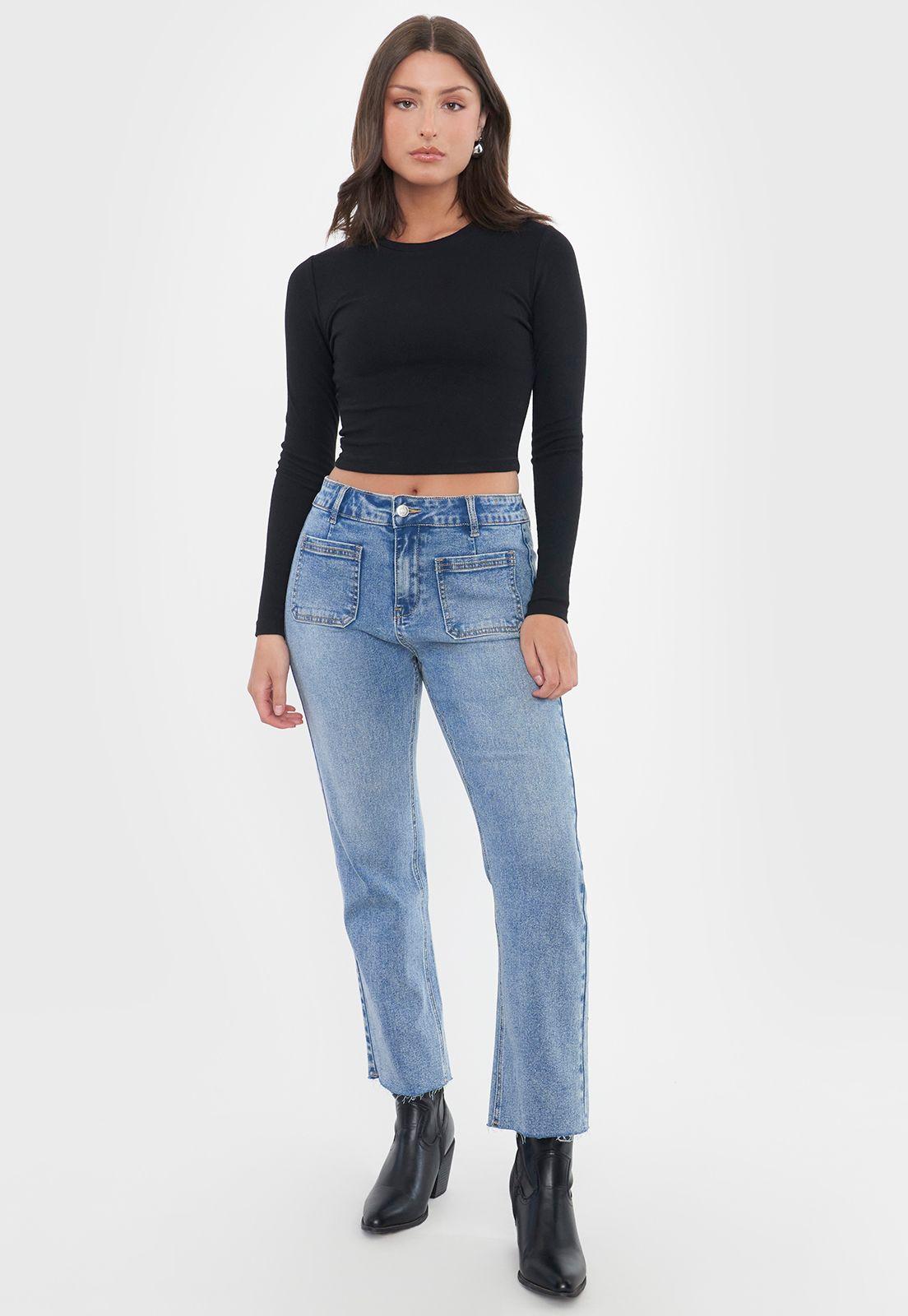 Jeans Mujer Straight Fit Bolsillos Azul Medio Corona-0
