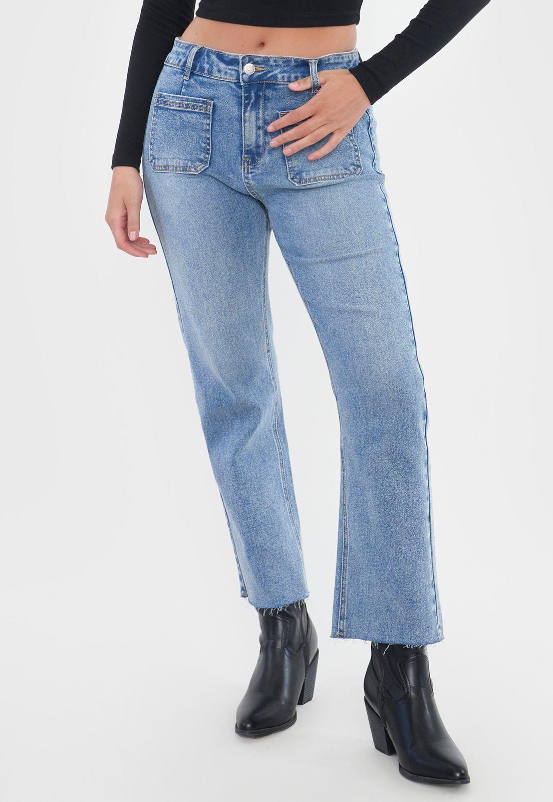 Jeans Mujer Straight Fit Bolsillos Azul Medio Corona-1