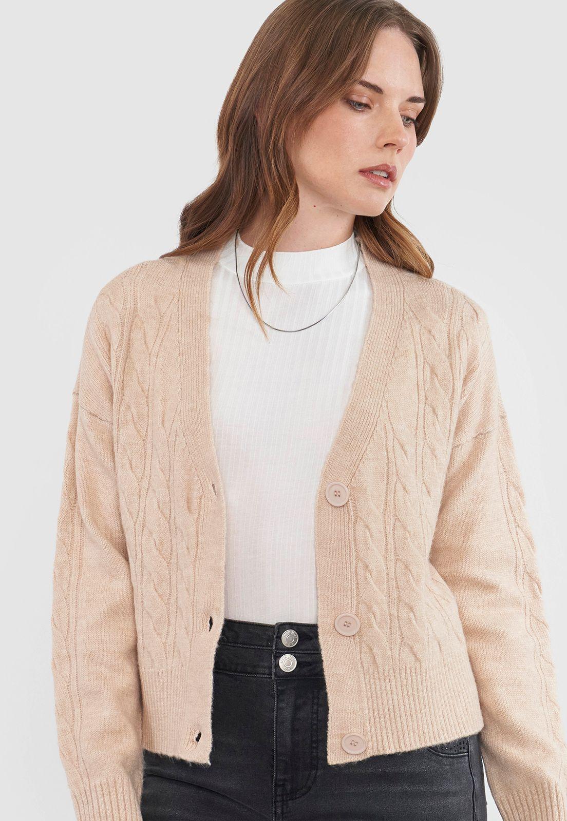 Sweater Mujer Cárdigan Trenzas Beige Corona-2