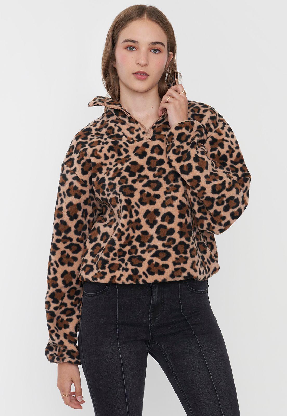 Polerón Mujer Polar Half Zipper Beige Animal Print Corona-2