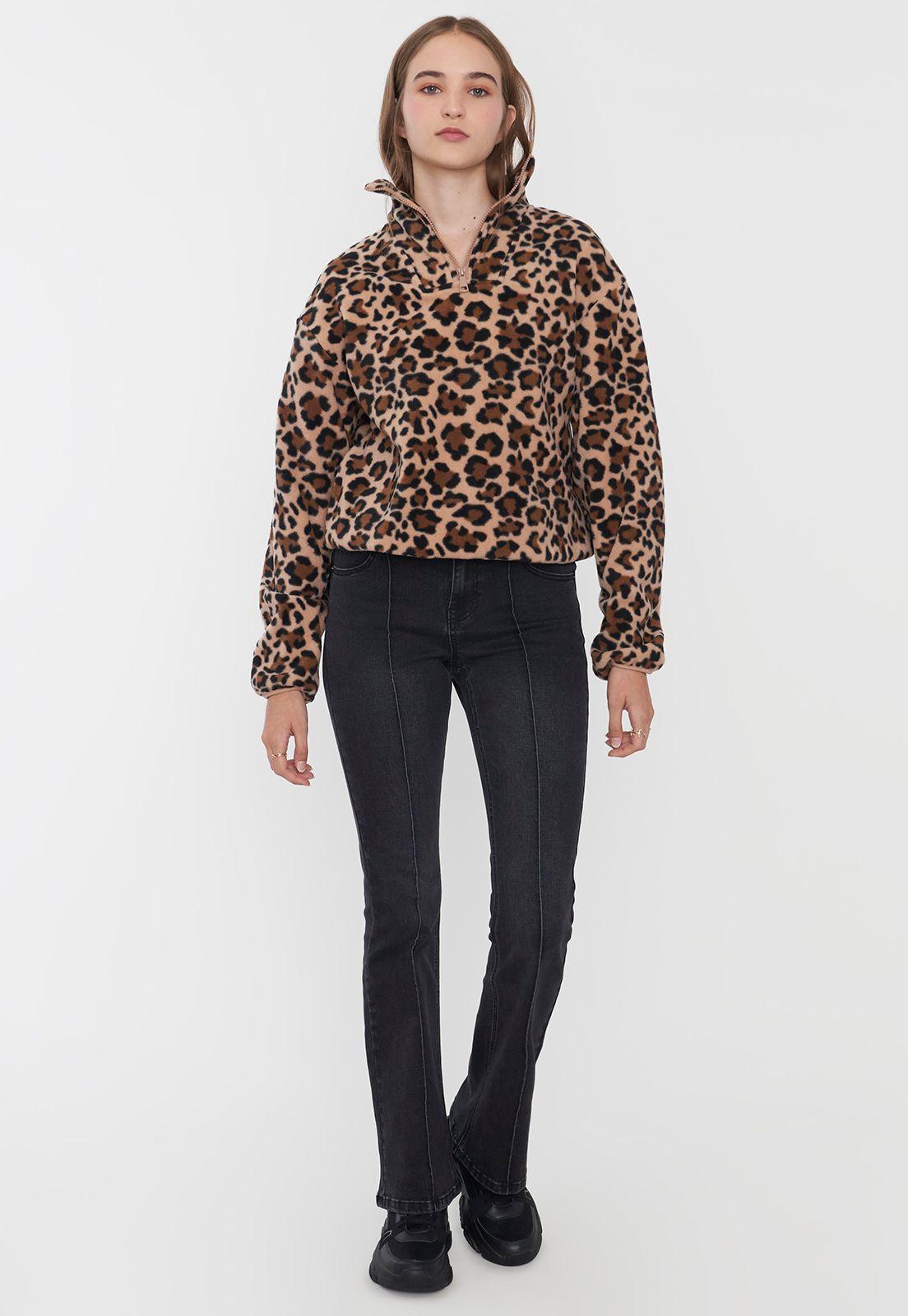 Polerón Mujer Polar Half Zipper Beige Animal Print Corona-3